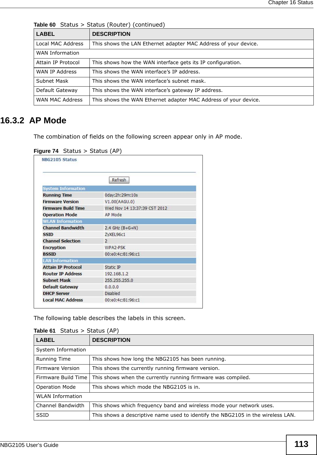  Chapter 16 StatusNBG2105 User’s Guide 11316.3.2  AP ModeThe combination of fields on the following screen appear only in AP mode.Figure 74   Status &gt; Status (AP) The following table describes the labels in this screen.Local MAC Address This shows the LAN Ethernet adapter MAC Address of your device.WAN InformationAttain IP Protocol This shows how the WAN interface gets its IP configuration.WAN IP Address This shows the WAN interface’s IP address.Subnet Mask This shows the WAN interface’s subnet mask.Default Gateway This shows the WAN interface’s gateway IP address.WAN MAC Address This shows the WAN Ethernet adapter MAC Address of your device.Table 60   Status &gt; Status (Router) (continued)LABEL DESCRIPTIONTable 61   Status &gt; Status (AP)LABEL DESCRIPTIONSystem InformationRunning Time This shows how long the NBG2105 has been running.Firmware Version This shows the currently running firmware version.Firmware Build Time This shows when the currently running firmware was compiled.Operation Mode This shows which mode the NBG2105 is in.WLAN InformationChannel Bandwidth This shows which frequency band and wireless mode your network uses.SSID This shows a descriptive name used to identify the NBG2105 in the wireless LAN. 