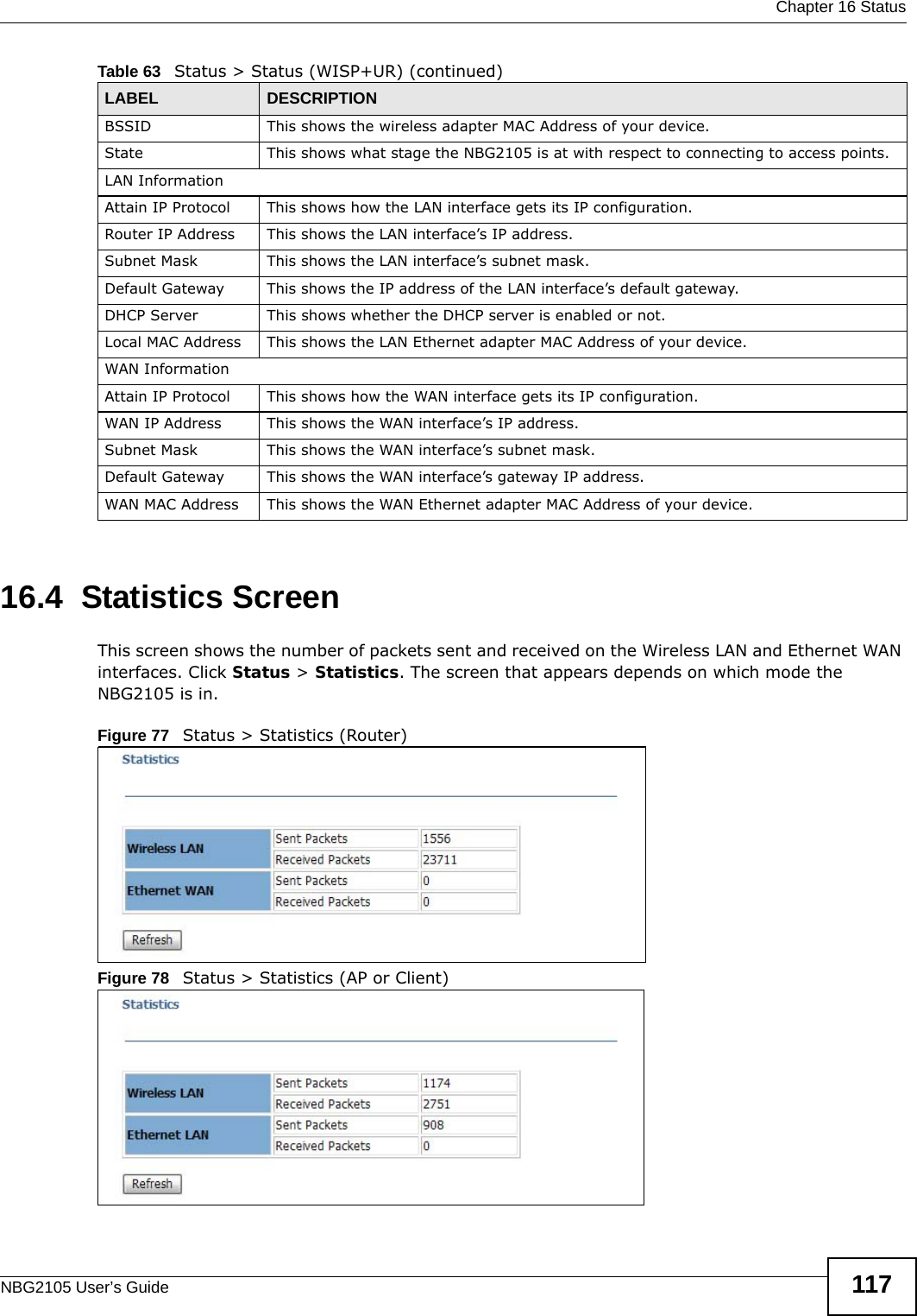  Chapter 16 StatusNBG2105 User’s Guide 11716.4  Statistics ScreenThis screen shows the number of packets sent and received on the Wireless LAN and Ethernet WAN interfaces. Click Status &gt; Statistics. The screen that appears depends on which mode the NBG2105 is in.Figure 77   Status &gt; Statistics (Router) Figure 78   Status &gt; Statistics (AP or Client) BSSID This shows the wireless adapter MAC Address of your device.State This shows what stage the NBG2105 is at with respect to connecting to access points.LAN InformationAttain IP Protocol This shows how the LAN interface gets its IP configuration.Router IP Address This shows the LAN interface’s IP address.Subnet Mask This shows the LAN interface’s subnet mask.Default Gateway This shows the IP address of the LAN interface’s default gateway.DHCP Server This shows whether the DHCP server is enabled or not.Local MAC Address This shows the LAN Ethernet adapter MAC Address of your device.WAN InformationAttain IP Protocol This shows how the WAN interface gets its IP configuration.WAN IP Address This shows the WAN interface’s IP address.Subnet Mask This shows the WAN interface’s subnet mask.Default Gateway This shows the WAN interface’s gateway IP address.WAN MAC Address This shows the WAN Ethernet adapter MAC Address of your device.Table 63   Status &gt; Status (WISP+UR) (continued)LABEL DESCRIPTION