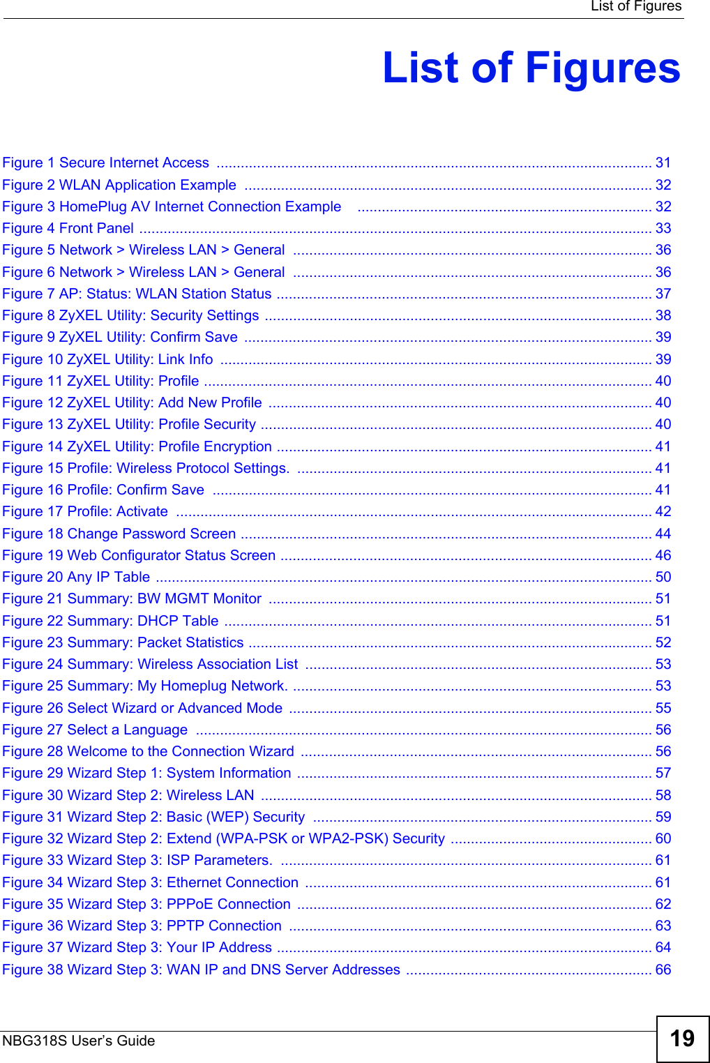  List of FiguresNBG318S User’s Guide 19List of FiguresFigure 1 Secure Internet Access ............................................................................................................ 31Figure 2 WLAN Application Example  ..................................................................................................... 32Figure 3 HomePlug AV Internet Connection Example    ......................................................................... 32Figure 4 Front Panel ............................................................................................................................... 33Figure 5 Network &gt; Wireless LAN &gt; General  ......................................................................................... 36Figure 6 Network &gt; Wireless LAN &gt; General  ......................................................................................... 36Figure 7 AP: Status: WLAN Station Status ............................................................................................. 37Figure 8 ZyXEL Utility: Security Settings ................................................................................................ 38Figure 9 ZyXEL Utility: Confirm Save  ..................................................................................................... 39Figure 10 ZyXEL Utility: Link Info  ........................................................................................................... 39Figure 11 ZyXEL Utility: Profile ............................................................................................................... 40Figure 12 ZyXEL Utility: Add New Profile  ............................................................................................... 40Figure 13 ZyXEL Utility: Profile Security ................................................................................................. 40Figure 14 ZyXEL Utility: Profile Encryption ............................................................................................. 41Figure 15 Profile: Wireless Protocol Settings.  ........................................................................................ 41Figure 16 Profile: Confirm Save ............................................................................................................. 41Figure 17 Profile: Activate  ...................................................................................................................... 42Figure 18 Change Password Screen ...................................................................................................... 44Figure 19 Web Configurator Status Screen ............................................................................................ 46Figure 20 Any IP Table ........................................................................................................................... 50Figure 21 Summary: BW MGMT Monitor  ............................................................................................... 51Figure 22 Summary: DHCP Table .......................................................................................................... 51Figure 23 Summary: Packet Statistics .................................................................................................... 52Figure 24 Summary: Wireless Association List  ...................................................................................... 53Figure 25 Summary: My Homeplug Network. ......................................................................................... 53Figure 26 Select Wizard or Advanced Mode  .......................................................................................... 55Figure 27 Select a Language  ................................................................................................................. 56Figure 28 Welcome to the Connection Wizard  ....................................................................................... 56Figure 29 Wizard Step 1: System Information ........................................................................................ 57Figure 30 Wizard Step 2: Wireless LAN  ................................................................................................. 58Figure 31 Wizard Step 2: Basic (WEP) Security  .................................................................................... 59Figure 32 Wizard Step 2: Extend (WPA-PSK or WPA2-PSK) Security .................................................. 60Figure 33 Wizard Step 3: ISP Parameters. ............................................................................................ 61Figure 34 Wizard Step 3: Ethernet Connection  ...................................................................................... 61Figure 35 Wizard Step 3: PPPoE Connection ........................................................................................ 62Figure 36 Wizard Step 3: PPTP Connection .......................................................................................... 63Figure 37 Wizard Step 3: Your IP Address ............................................................................................. 64Figure 38 Wizard Step 3: WAN IP and DNS Server Addresses ............................................................. 66