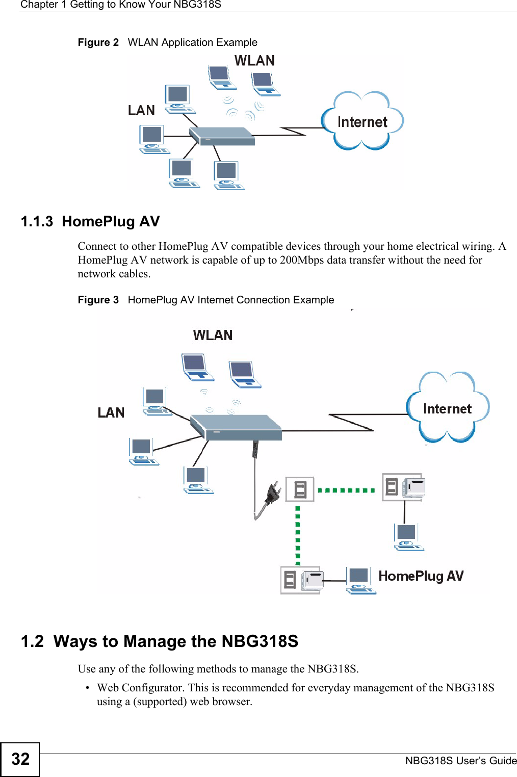 Chapter 1 Getting to Know Your NBG318SNBG318S User’s Guide32Figure 2   WLAN Application Example1.1.3  HomePlug AVConnect to other HomePlug AV compatible devices through your home electrical wiring. A HomePlug AV network is capable of up to 200Mbps data transfer without the need for network cables.Figure 3   HomePlug AV Internet Connection Example   1.2  Ways to Manage the NBG318SUse any of the following methods to manage the NBG318S.• Web Configurator. This is recommended for everyday management of the NBG318S using a (supported) web browser. 