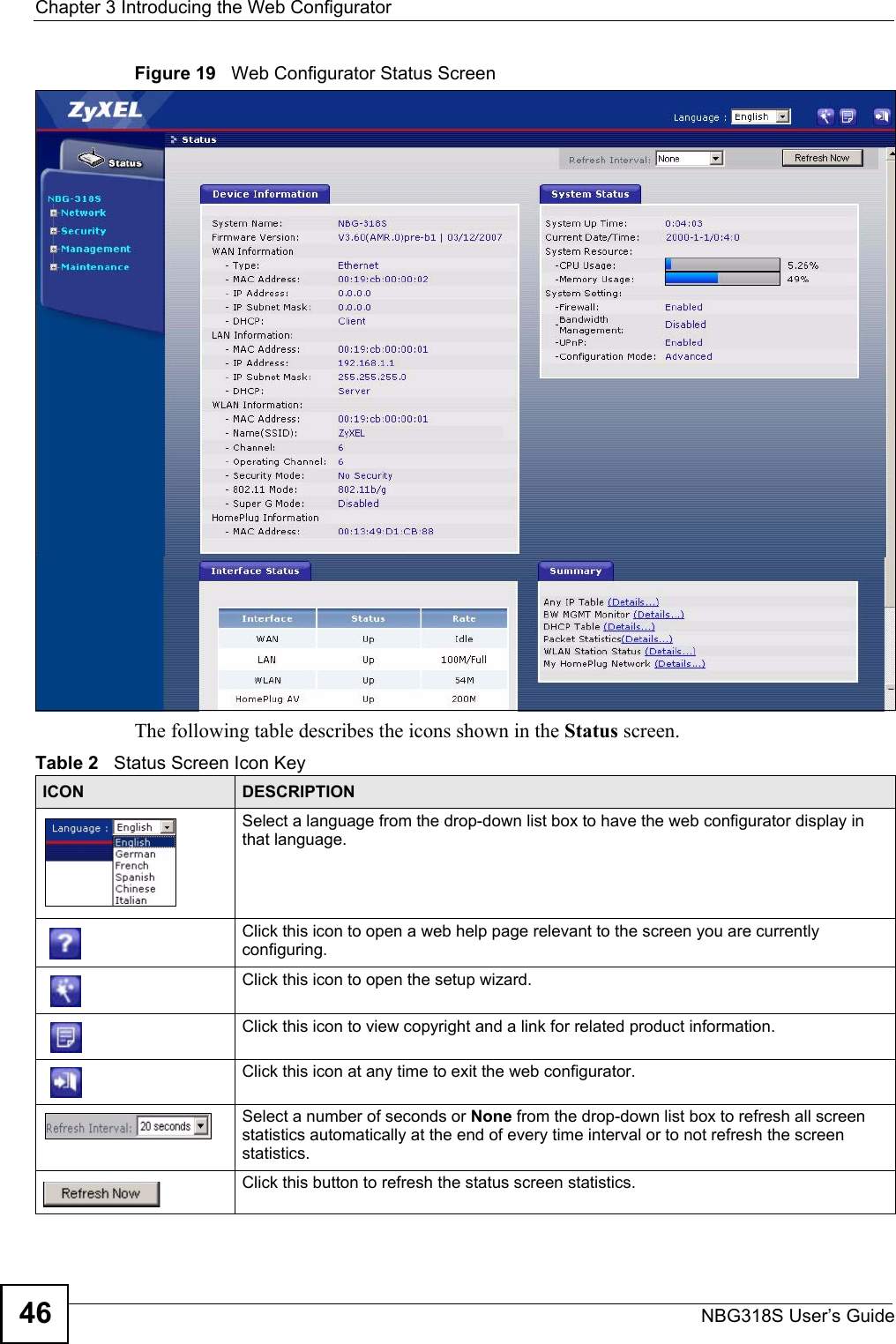 Chapter 3 Introducing the Web ConfiguratorNBG318S User’s Guide46Figure 19   Web Configurator Status Screen The following table describes the icons shown in the Status screen.Table 2   Status Screen Icon Key ICON DESCRIPTIONSelect a language from the drop-down list box to have the web configurator display in that language.Click this icon to open a web help page relevant to the screen you are currently configuring.Click this icon to open the setup wizard. Click this icon to view copyright and a link for related product information.Click this icon at any time to exit the web configurator.Select a number of seconds or None from the drop-down list box to refresh all screen statistics automatically at the end of every time interval or to not refresh the screen statistics.Click this button to refresh the status screen statistics.