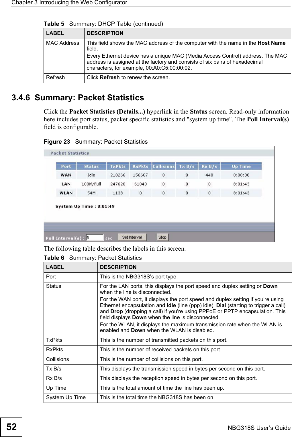 Chapter 3 Introducing the Web ConfiguratorNBG318S User’s Guide523.4.6  Summary: Packet Statistics   Click the Packet Statistics (Details...) hyperlink in the Status screen. Read-only information here includes port status, packet specific statistics and &quot;system up time&quot;. The Poll Interval(s) field is configurable.Figure 23   Summary: Packet Statistics The following table describes the labels in this screen.MAC Address This field shows the MAC address of the computer with the name in the Host Name field. Every Ethernet device has a unique MAC (Media Access Control) address. The MAC address is assigned at the factory and consists of six pairs of hexadecimal characters, for example, 00:A0:C5:00:00:02.Refresh Click Refresh to renew the screen. Table 5   Summary: DHCP Table (continued)LABEL  DESCRIPTIONTable 6   Summary: Packet StatisticsLABEL DESCRIPTIONPort This is the NBG318S’s port type.Status  For the LAN ports, this displays the port speed and duplex setting or Down when the line is disconnected.For the WAN port, it displays the port speed and duplex setting if you’re using Ethernet encapsulation and Idle (line (ppp) idle), Dial (starting to trigger a call) and Drop (dropping a call) if you&apos;re using PPPoE or PPTP encapsulation. This field displays Down when the line is disconnected.For the WLAN, it displays the maximum transmission rate when the WLAN is enabled and Down when the WLAN is disabled.TxPkts  This is the number of transmitted packets on this port.RxPkts  This is the number of received packets on this port.Collisions  This is the number of collisions on this port.Tx B/s  This displays the transmission speed in bytes per second on this port.Rx B/s This displays the reception speed in bytes per second on this port.Up Time  This is the total amount of time the line has been up.System Up Time This is the total time the NBG318S has been on.