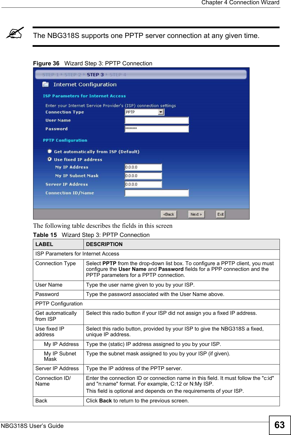  Chapter 4 Connection WizardNBG318S User’s Guide 63&quot;The NBG318S supports one PPTP server connection at any given time.Figure 36   Wizard Step 3: PPTP ConnectionThe following table describes the fields in this screenTable 15   Wizard Step 3: PPTP ConnectionLABEL DESCRIPTIONISP Parameters for Internet AccessConnection Type Select PPTP from the drop-down list box. To configure a PPTP client, you must configure the User Name and Password fields for a PPP connection and the PPTP parameters for a PPTP connection.User Name Type the user name given to you by your ISP. Password Type the password associated with the User Name above.PPTP ConfigurationGet automatically from ISPSelect this radio button if your ISP did not assign you a fixed IP address.Use fixed IP addressSelect this radio button, provided by your ISP to give the NBG318S a fixed, unique IP address.My IP Address Type the (static) IP address assigned to you by your ISP.My IP Subnet MaskType the subnet mask assigned to you by your ISP (if given).Server IP Address Type the IP address of the PPTP server.Connection ID/NameEnter the connection ID or connection name in this field. It must follow the &quot;c:id&quot; and &quot;n:name&quot; format. For example, C:12 or N:My ISP.This field is optional and depends on the requirements of your ISP.Back Click Back to return to the previous screen.