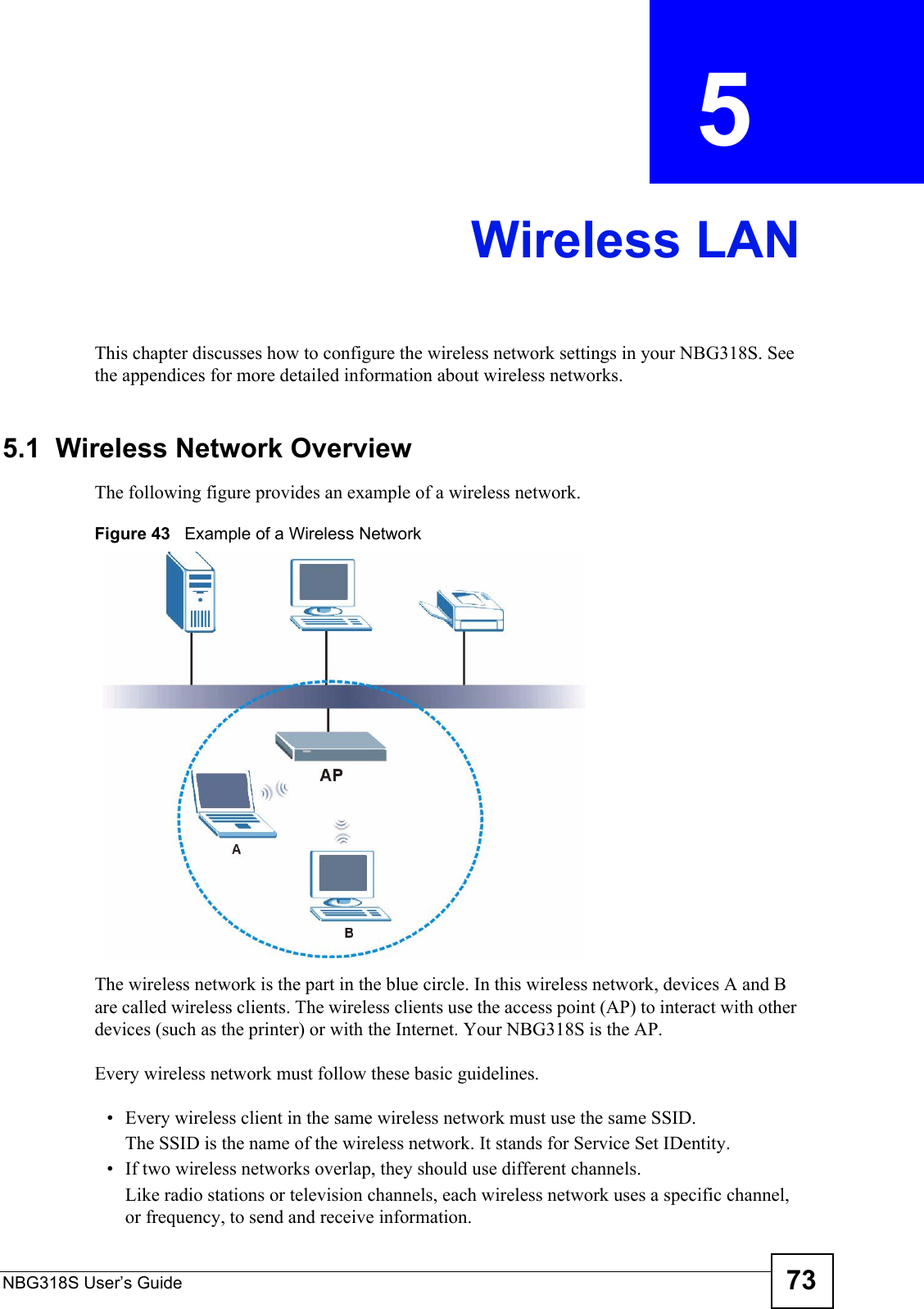NBG318S User’s Guide 73CHAPTER  5 Wireless LANThis chapter discusses how to configure the wireless network settings in your NBG318S. See the appendices for more detailed information about wireless networks.5.1  Wireless Network OverviewThe following figure provides an example of a wireless network.Figure 43   Example of a Wireless NetworkThe wireless network is the part in the blue circle. In this wireless network, devices A and B are called wireless clients. The wireless clients use the access point (AP) to interact with other devices (such as the printer) or with the Internet. Your NBG318S is the AP.Every wireless network must follow these basic guidelines.• Every wireless client in the same wireless network must use the same SSID.The SSID is the name of the wireless network. It stands for Service Set IDentity.• If two wireless networks overlap, they should use different channels.Like radio stations or television channels, each wireless network uses a specific channel, or frequency, to send and receive information.