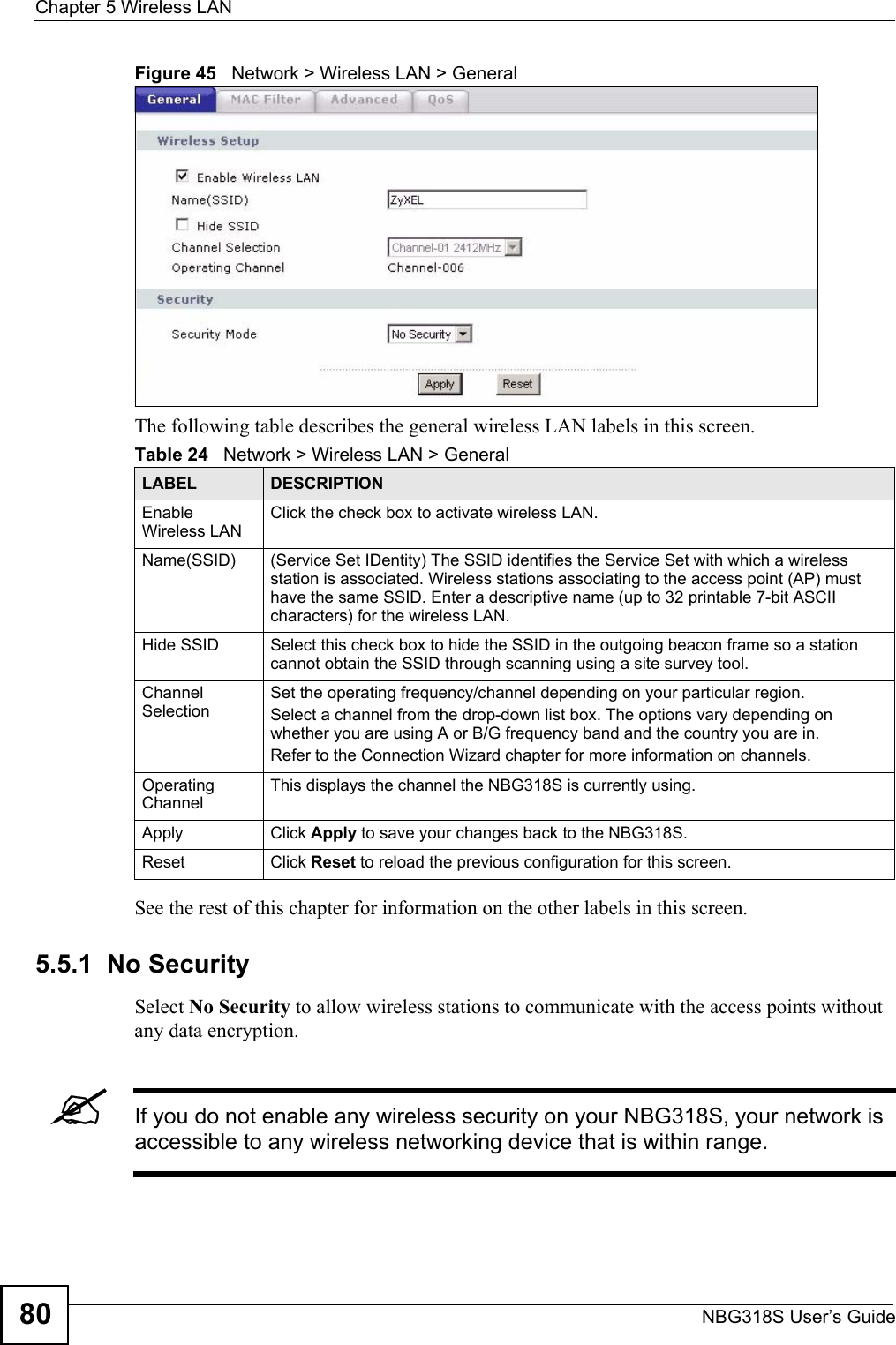 Chapter 5 Wireless LANNBG318S User’s Guide80Figure 45   Network &gt; Wireless LAN &gt; General The following table describes the general wireless LAN labels in this screen.See the rest of this chapter for information on the other labels in this screen. 5.5.1  No SecuritySelect No Security to allow wireless stations to communicate with the access points without any data encryption. &quot;If you do not enable any wireless security on your NBG318S, your network is accessible to any wireless networking device that is within range.Table 24   Network &gt; Wireless LAN &gt; GeneralLABEL DESCRIPTIONEnable Wireless LANClick the check box to activate wireless LAN.Name(SSID) (Service Set IDentity) The SSID identifies the Service Set with which a wireless station is associated. Wireless stations associating to the access point (AP) must have the same SSID. Enter a descriptive name (up to 32 printable 7-bit ASCII characters) for the wireless LAN. Hide SSID Select this check box to hide the SSID in the outgoing beacon frame so a station cannot obtain the SSID through scanning using a site survey tool.Channel SelectionSet the operating frequency/channel depending on your particular region. Select a channel from the drop-down list box. The options vary depending on whether you are using A or B/G frequency band and the country you are in. Refer to the Connection Wizard chapter for more information on channels.Operating Channel This displays the channel the NBG318S is currently using.Apply Click Apply to save your changes back to the NBG318S.Reset Click Reset to reload the previous configuration for this screen.