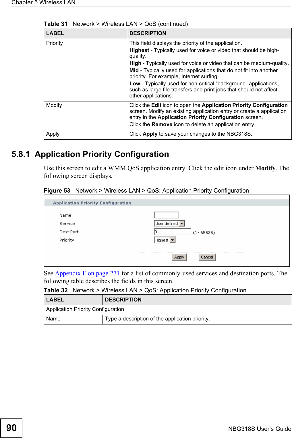 Chapter 5 Wireless LANNBG318S User’s Guide905.8.1  Application Priority ConfigurationUse this screen to edit a WMM QoS application entry. Click the edit icon under Modify. The following screen displays.Figure 53   Network &gt; Wireless LAN &gt; QoS: Application Priority ConfigurationSee Appendix F on page 271 for a list of commonly-used services and destination ports. The following table describes the fields in this screen.Priority This field displays the priority of the application.Highest - Typically used for voice or video that should be high-quality.High - Typically used for voice or video that can be medium-quality.Mid - Typically used for applications that do not fit into another priority. For example, Internet surfing.Low - Typically used for non-critical “background” applications, such as large file transfers and print jobs that should not affect other applications.Modify Click the Edit icon to open the Application Priority Configuration screen. Modify an existing application entry or create a application entry in the Application Priority Configuration screen.Click the Remove icon to delete an application entry.Apply Click Apply to save your changes to the NBG318S.Table 31   Network &gt; Wireless LAN &gt; QoS (continued)LABEL DESCRIPTIONTable 32   Network &gt; Wireless LAN &gt; QoS: Application Priority ConfigurationLABEL DESCRIPTIONApplication Priority ConfigurationName Type a description of the application priority.