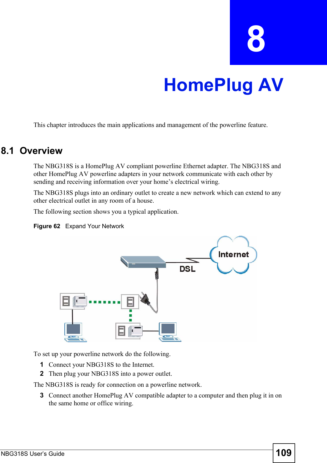 NBG318S User’s Guide 109CHAPTER  8 HomePlug AVThis chapter introduces the main applications and management of the powerline feature.8.1  OverviewThe NBG318S is a HomePlug AV compliant powerline Ethernet adapter. The NBG318S and other HomePlug AV powerline adapters in your network communicate with each other by sending and receiving information over your home’s electrical wiring. The NBG318S plugs into an ordinary outlet to create a new network which can extend to any other electrical outlet in any room of a house.The following section shows you a typical application. Figure 62   Expand Your NetworkTo set up your powerline network do the following.1Connect your NBG318S to the Internet. 2Then plug your NBG318S into a power outlet. The NBG318S is ready for connection on a powerline network. 3Connect another HomePlug AV compatible adapter to a computer and then plug it in on the same home or office wiring. 