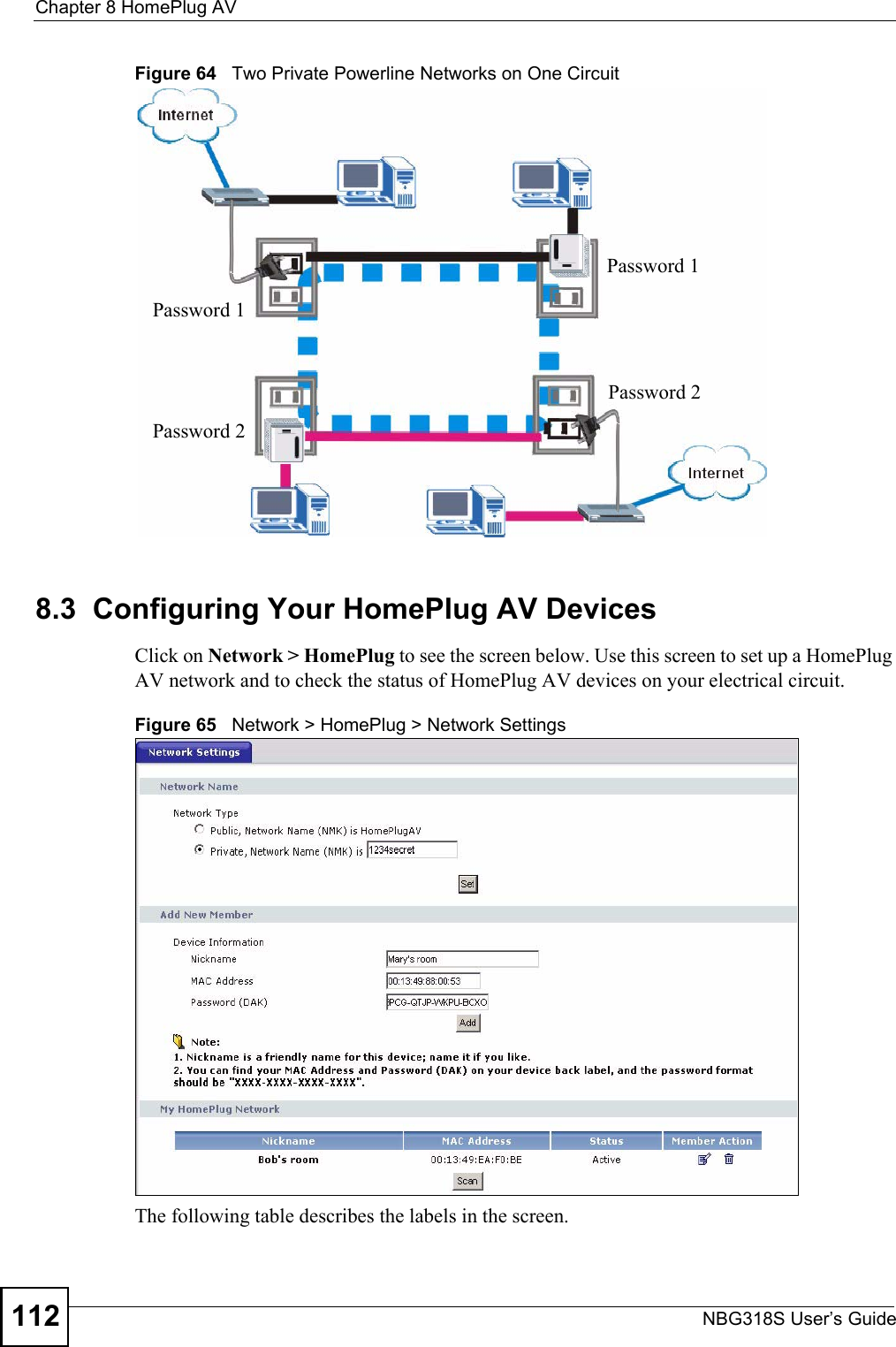 Chapter 8 HomePlug AVNBG318S User’s Guide112Figure 64   Two Private Powerline Networks on One Circuit8.3  Configuring Your HomePlug AV DevicesClick on Network &gt; HomePlug to see the screen below. Use this screen to set up a HomePlug AV network and to check the status of HomePlug AV devices on your electrical circuit.Figure 65   Network &gt; HomePlug &gt; Network SettingsThe following table describes the labels in the screen.Password 1Password 2Password 2Password 1