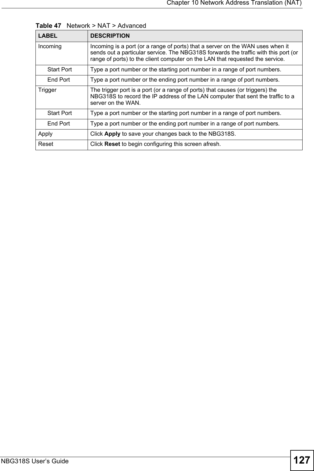  Chapter 10 Network Address Translation (NAT)NBG318S User’s Guide 127Incoming Incoming is a port (or a range of ports) that a server on the WAN uses when it sends out a particular service. The NBG318S forwards the traffic with this port (or range of ports) to the client computer on the LAN that requested the service. Start Port Type a port number or the starting port number in a range of port numbers.End Port Type a port number or the ending port number in a range of port numbers.Trigger The trigger port is a port (or a range of ports) that causes (or triggers) the NBG318S to record the IP address of the LAN computer that sent the traffic to a server on the WAN.Start Port Type a port number or the starting port number in a range of port numbers.End Port Type a port number or the ending port number in a range of port numbers.Apply Click Apply to save your changes back to the NBG318S.Reset Click Reset to begin configuring this screen afresh.Table 47   Network &gt; NAT &gt; AdvancedLABEL DESCRIPTION