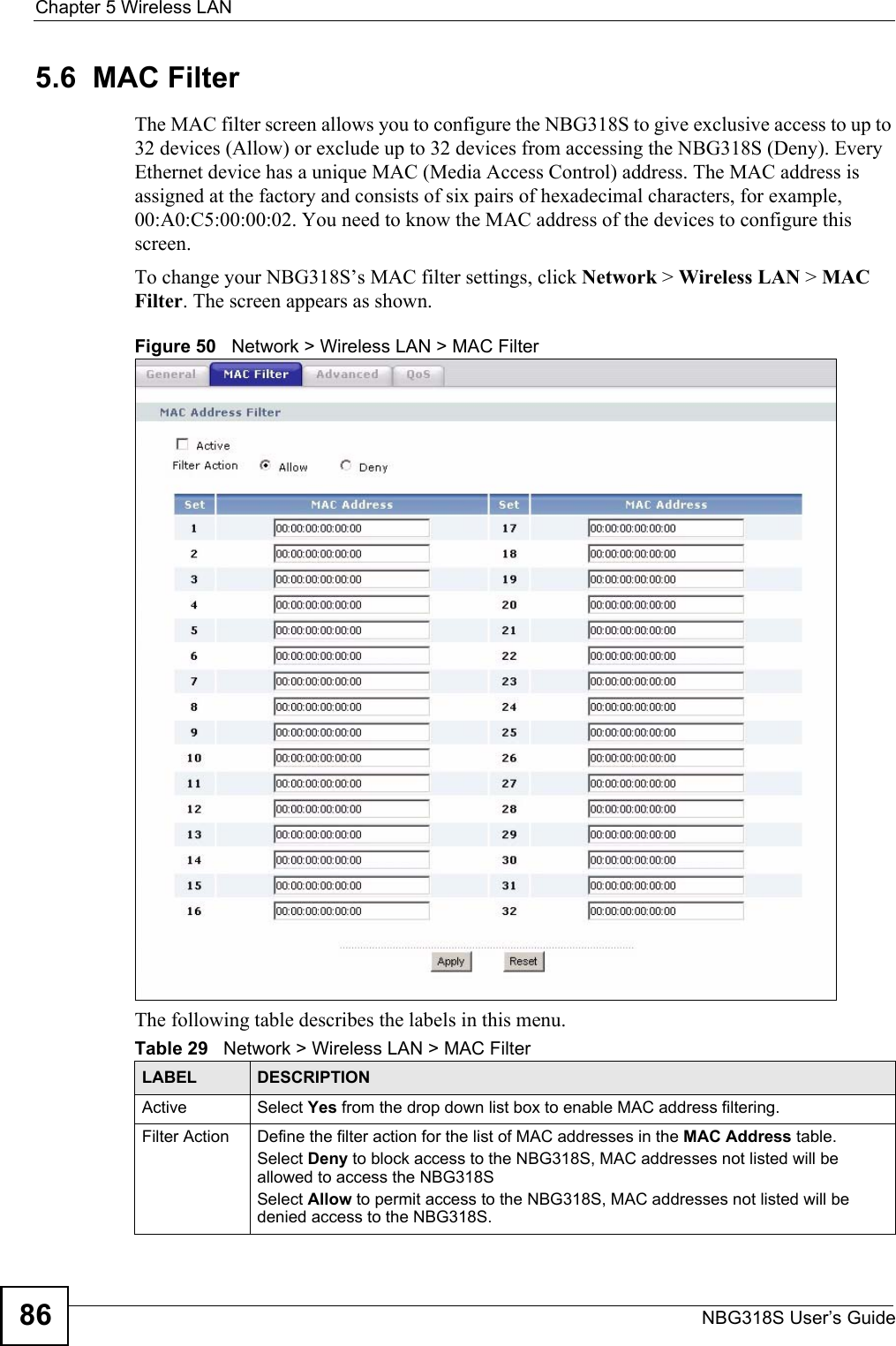 Chapter 5 Wireless LANNBG318S User’s Guide865.6  MAC FilterThe MAC filter screen allows you to configure the NBG318S to give exclusive access to up to 32 devices (Allow) or exclude up to 32 devices from accessing the NBG318S (Deny). Every Ethernet device has a unique MAC (Media Access Control) address. The MAC address is assigned at the factory and consists of six pairs of hexadecimal characters, for example, 00:A0:C5:00:00:02. You need to know the MAC address of the devices to configure this screen.To change your NBG318S’s MAC filter settings, click Network &gt; Wireless LAN &gt; MAC Filter. The screen appears as shown.Figure 50   Network &gt; Wireless LAN &gt; MAC FilterThe following table describes the labels in this menu.Table 29   Network &gt; Wireless LAN &gt; MAC FilterLABEL DESCRIPTIONActive Select Yes from the drop down list box to enable MAC address filtering.Filter Action  Define the filter action for the list of MAC addresses in the MAC Address table. Select Deny to block access to the NBG318S, MAC addresses not listed will be allowed to access the NBG318S Select Allow to permit access to the NBG318S, MAC addresses not listed will be denied access to the NBG318S. 