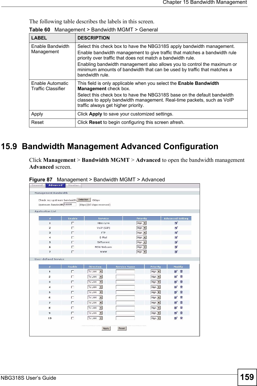  Chapter 15 Bandwidth ManagementNBG318S User’s Guide 159The following table describes the labels in this screen.15.9  Bandwidth Management Advanced Configuration Click Management &gt; Bandwidth MGMT &gt; Advanced to open the bandwidth management Advanced screen.Figure 87   Management &gt; Bandwidth MGMT &gt; Advanced Table 60   Management &gt; Bandwidth MGMT &gt; GeneralLABEL DESCRIPTIONEnable Bandwidth Management Select this check box to have the NBG318S apply bandwidth management. Enable bandwidth management to give traffic that matches a bandwidth rule priority over traffic that does not match a bandwidth rule. Enabling bandwidth management also allows you to control the maximum or minimum amounts of bandwidth that can be used by traffic that matches a bandwidth rule. Enable Automatic Traffic Classifier This field is only applicable when you select the Enable Bandwidth Management check box.Select this check box to have the NBG318S base on the default bandwidth classes to apply bandwidth management. Real-time packets, such as VoIP traffic always get higher priority.Apply Click Apply to save your customized settings.Reset Click Reset to begin configuring this screen afresh.
