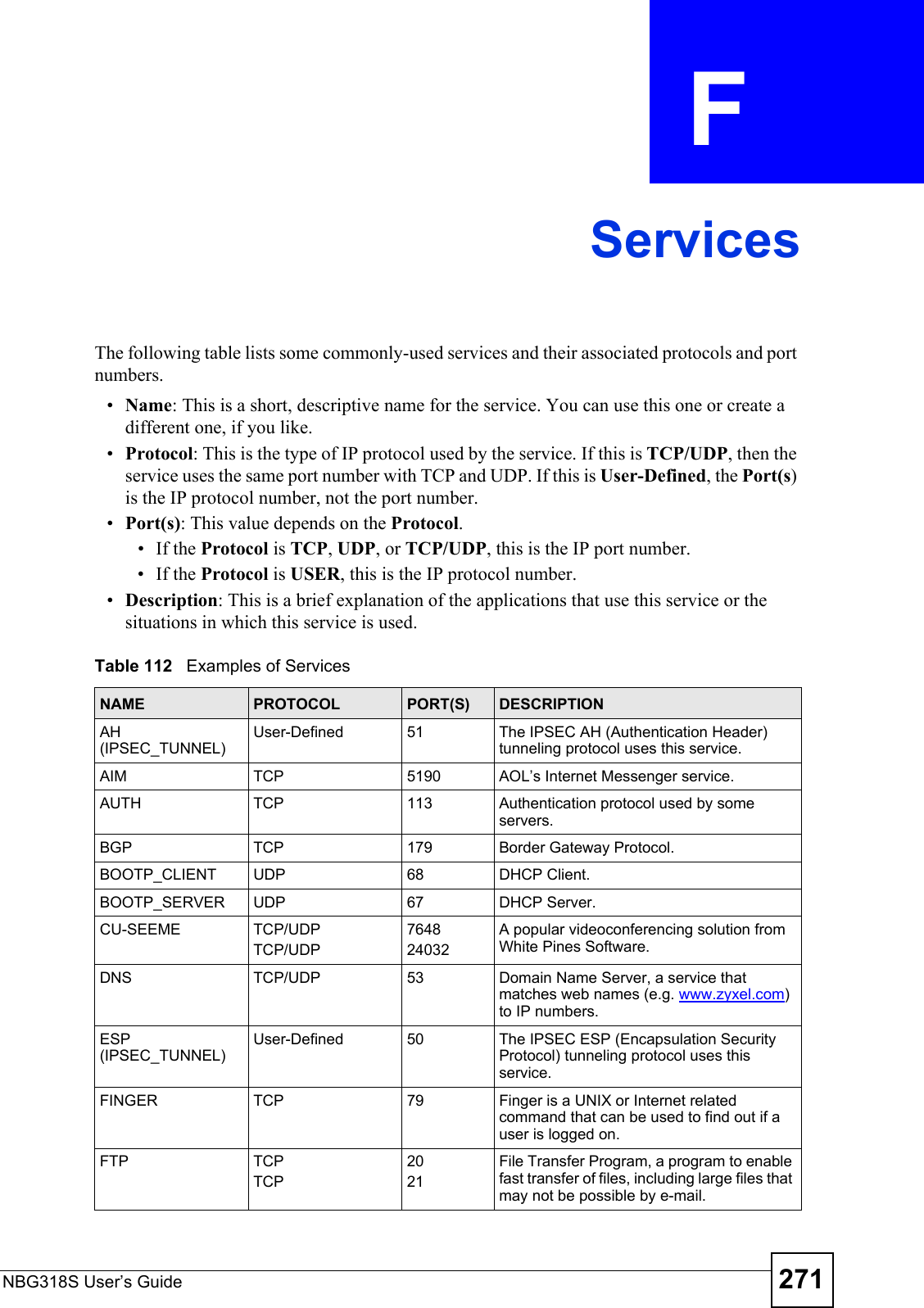 NBG318S User’s Guide 271APPENDIX  F ServicesThe following table lists some commonly-used services and their associated protocols and port numbers.•Name: This is a short, descriptive name for the service. You can use this one or create a different one, if you like.•Protocol: This is the type of IP protocol used by the service. If this is TCP/UDP, then the service uses the same port number with TCP and UDP. If this is User-Defined, the Port(s) is the IP protocol number, not the port number.•Port(s): This value depends on the Protocol.• If the Protocol is TCP, UDP, or TCP/UDP, this is the IP port number.• If the Protocol is USER, this is the IP protocol number.•Description: This is a brief explanation of the applications that use this service or the situations in which this service is used.Table 112   Examples of ServicesNAME PROTOCOL PORT(S) DESCRIPTIONAH (IPSEC_TUNNEL)User-Defined 51 The IPSEC AH (Authentication Header) tunneling protocol uses this service.AIM TCP 5190 AOL’s Internet Messenger service.AUTH TCP 113 Authentication protocol used by some servers.BGP TCP 179 Border Gateway Protocol.BOOTP_CLIENT UDP 68 DHCP Client.BOOTP_SERVER UDP 67 DHCP Server.CU-SEEME TCP/UDPTCP/UDP 764824032A popular videoconferencing solution from White Pines Software.DNS TCP/UDP 53 Domain Name Server, a service that matches web names (e.g. www.zyxel.com) to IP numbers.ESP (IPSEC_TUNNEL)User-Defined 50 The IPSEC ESP (Encapsulation Security Protocol) tunneling protocol uses this service.FINGER TCP 79 Finger is a UNIX or Internet related command that can be used to find out if a user is logged on.FTP TCPTCP2021File Transfer Program, a program to enable fast transfer of files, including large files that may not be possible by e-mail.