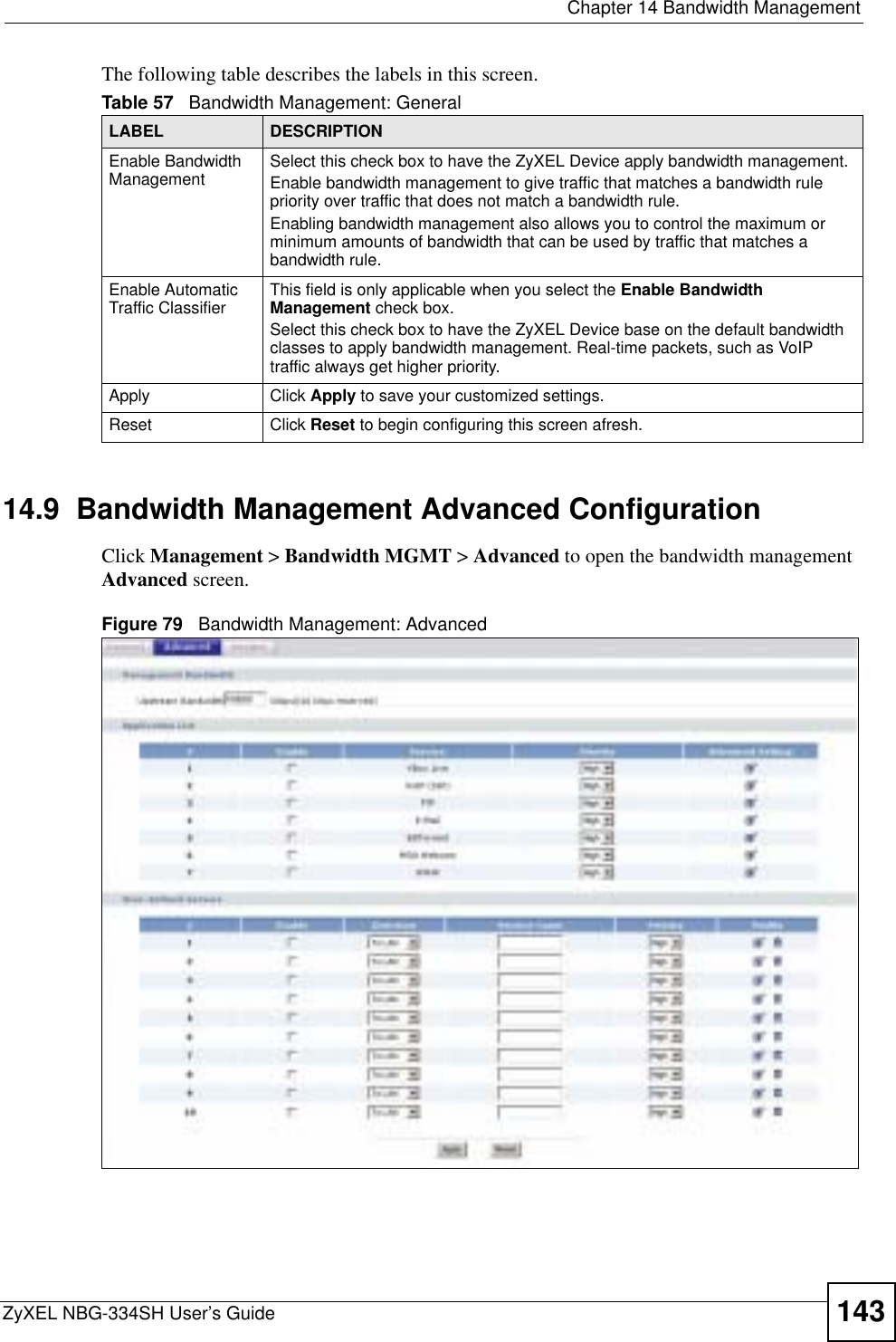  Chapter 14 Bandwidth ManagementZyXEL NBG-334SH User’s Guide 143The following table describes the labels in this screen.14.9  Bandwidth Management Advanced Configuration Click Management &gt; Bandwidth MGMT &gt; Advanced to open the bandwidth management Advanced screen.Figure 79   Bandwidth Management: AdvancedTable 57   Bandwidth Management: GeneralLABEL DESCRIPTIONEnable Bandwidth Management  Select this check box to have the ZyXEL Device apply bandwidth management. Enable bandwidth management to give traffic that matches a bandwidth rule priority over traffic that does not match a bandwidth rule. Enabling bandwidth management also allows you to control the maximum or minimum amounts of bandwidth that can be used by traffic that matches a bandwidth rule. Enable Automatic Traffic Classifier  This field is only applicable when you select the Enable Bandwidth Management check box.Select this check box to have the ZyXEL Device base on the default bandwidth classes to apply bandwidth management. Real-time packets, such as VoIP traffic always get higher priority.Apply Click Apply to save your customized settings.Reset Click Reset to begin configuring this screen afresh.