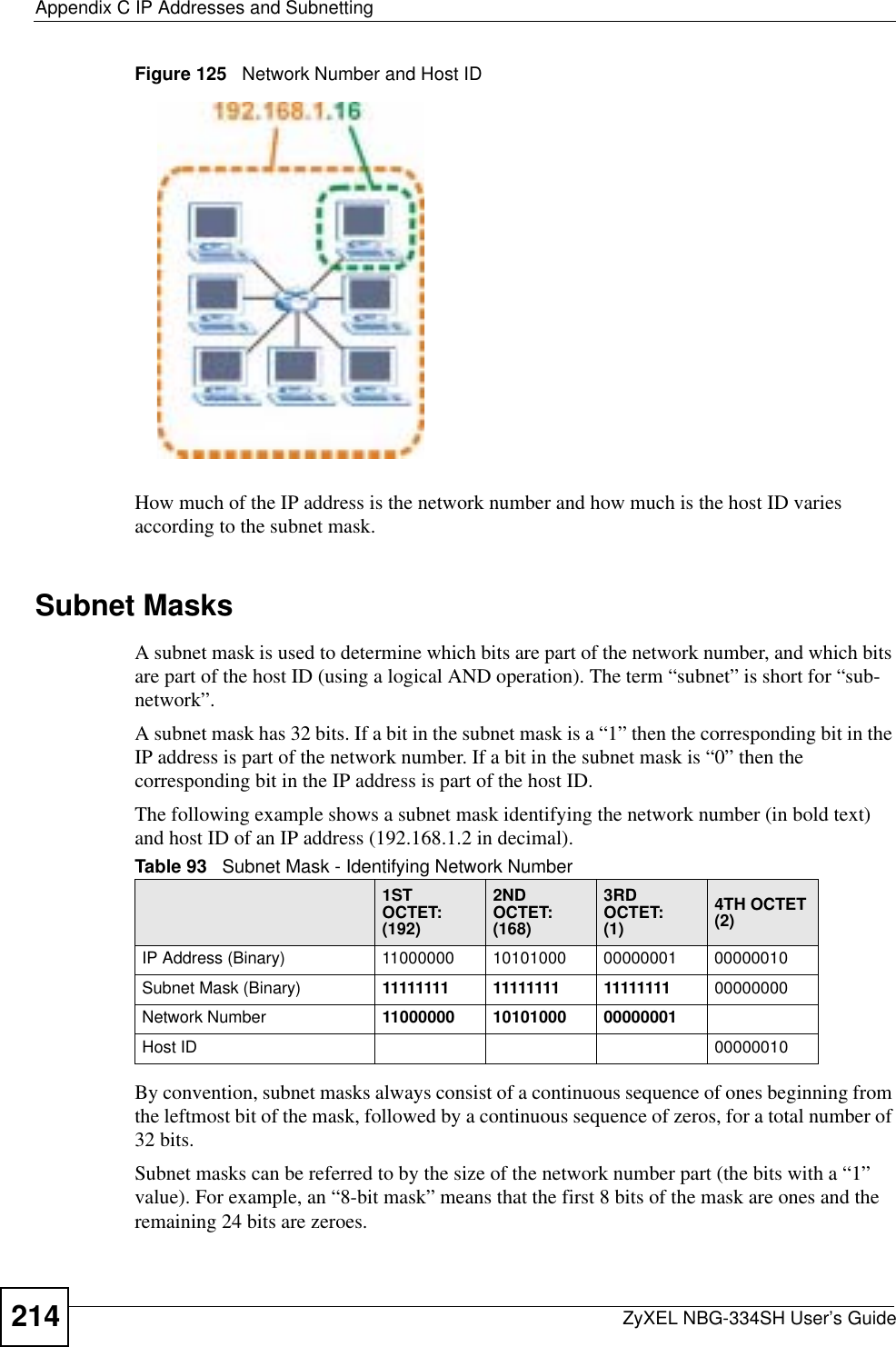 Appendix C IP Addresses and SubnettingZyXEL NBG-334SH User’s Guide214Figure 125   Network Number and Host IDHow much of the IP address is the network number and how much is the host ID varies according to the subnet mask.  Subnet MasksA subnet mask is used to determine which bits are part of the network number, and which bits are part of the host ID (using a logical AND operation). The term “subnet” is short for “sub-network”.A subnet mask has 32 bits. If a bit in the subnet mask is a “1” then the corresponding bit in the IP address is part of the network number. If a bit in the subnet mask is “0” then the corresponding bit in the IP address is part of the host ID. The following example shows a subnet mask identifying the network number (in bold text) and host ID of an IP address (192.168.1.2 in decimal).By convention, subnet masks always consist of a continuous sequence of ones beginning from the leftmost bit of the mask, followed by a continuous sequence of zeros, for a total number of 32 bits.Subnet masks can be referred to by the size of the network number part (the bits with a “1” value). For example, an “8-bit mask” means that the first 8 bits of the mask are ones and the remaining 24 bits are zeroes.Table 93   Subnet Mask - Identifying Network Number1ST OCTET:(192)2ND OCTET:(168)3RD OCTET:(1)4TH OCTET(2)IP Address (Binary) 11000000 10101000 00000001 00000010Subnet Mask (Binary) 11111111 11111111 11111111 00000000Network Number 11000000 10101000 00000001Host ID 00000010