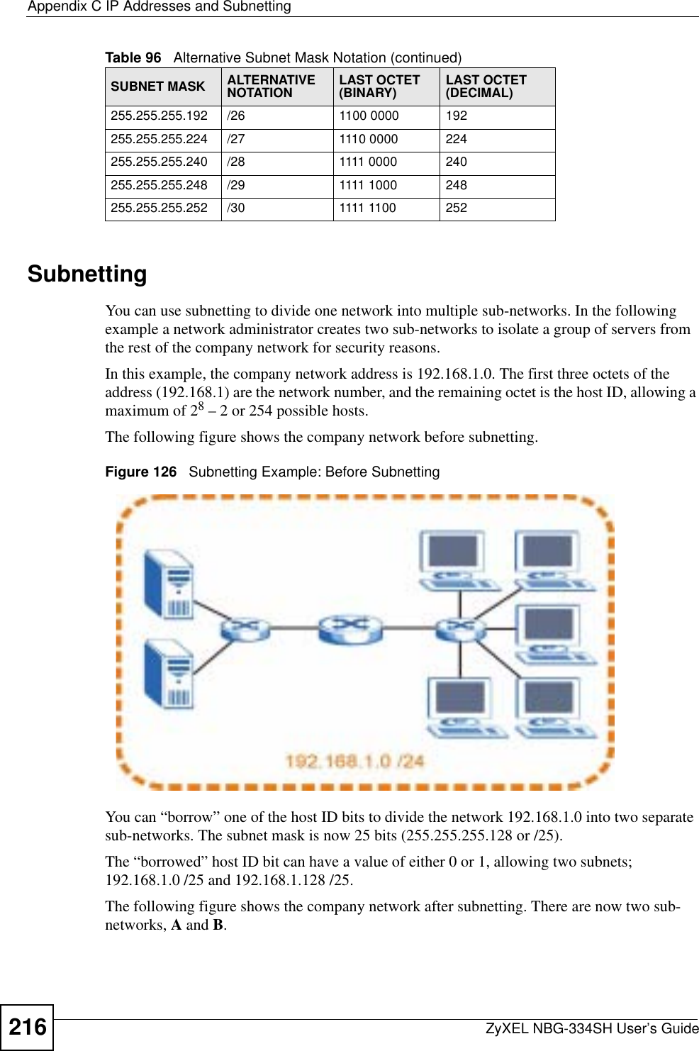 Appendix C IP Addresses and SubnettingZyXEL NBG-334SH User’s Guide216SubnettingYou can use subnetting to divide one network into multiple sub-networks. In the following example a network administrator creates two sub-networks to isolate a group of servers from the rest of the company network for security reasons.In this example, the company network address is 192.168.1.0. The first three octets of the address (192.168.1) are the network number, and the remaining octet is the host ID, allowing a maximum of 28 – 2 or 254 possible hosts.The following figure shows the company network before subnetting.  Figure 126   Subnetting Example: Before SubnettingYou can “borrow” one of the host ID bits to divide the network 192.168.1.0 into two separate sub-networks. The subnet mask is now 25 bits (255.255.255.128 or /25).The “borrowed” host ID bit can have a value of either 0 or 1, allowing two subnets; 192.168.1.0 /25 and 192.168.1.128 /25. The following figure shows the company network after subnetting. There are now two sub-networks, A and B.255.255.255.192 /26 1100 0000 192255.255.255.224 /27 1110 0000 224255.255.255.240 /28 1111 0000 240255.255.255.248 /29 1111 1000 248255.255.255.252 /30 1111 1100 252Table 96   Alternative Subnet Mask Notation (continued)SUBNET MASK ALTERNATIVE NOTATION LAST OCTET (BINARY) LAST OCTET (DECIMAL)