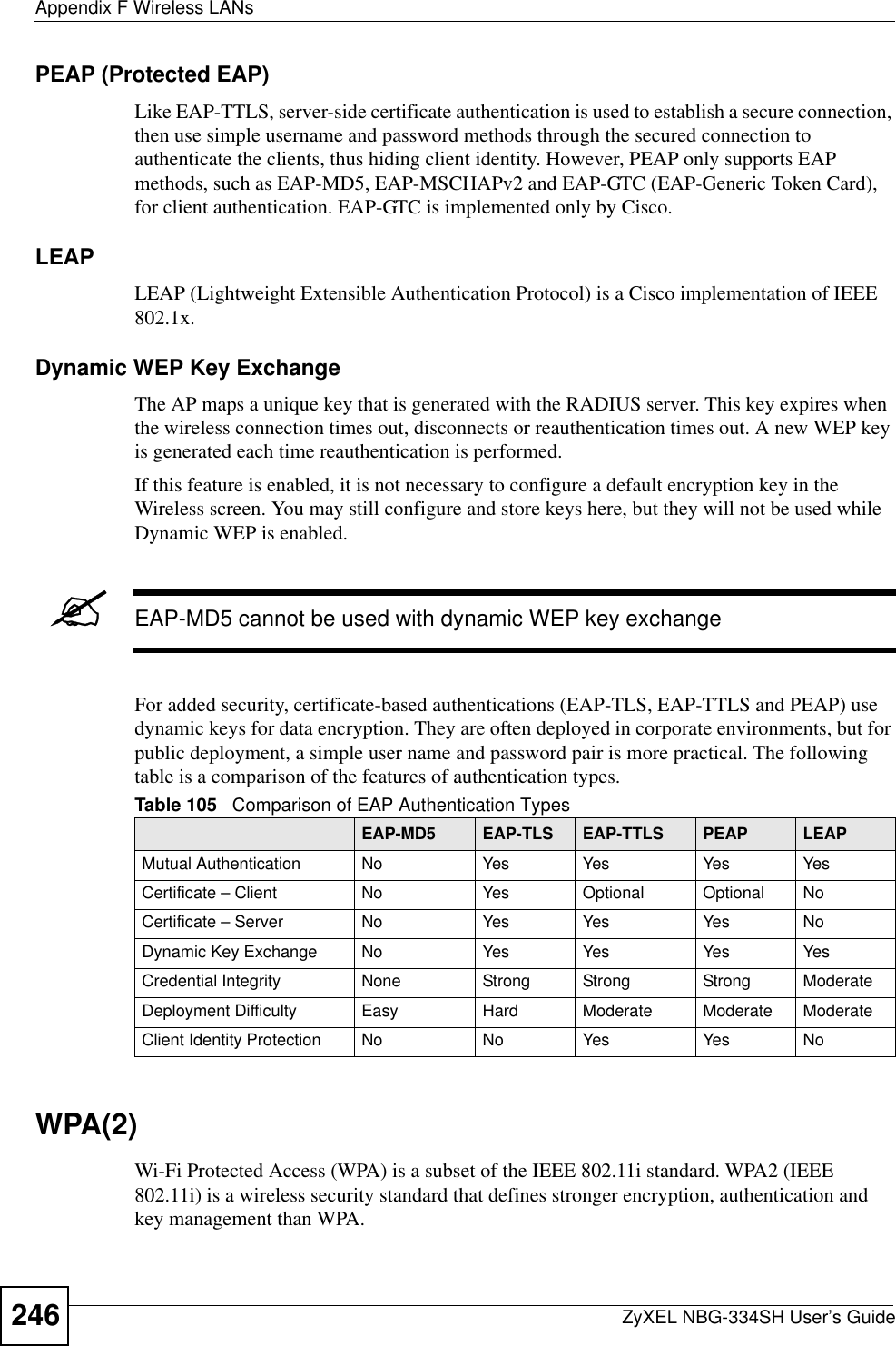 Appendix F Wireless LANsZyXEL NBG-334SH User’s Guide246PEAP (Protected EAP)Like EAP-TTLS, server-side certificate authentication is used to establish a secure connection, then use simple username and password methods through the secured connection to authenticate the clients, thus hiding client identity. However, PEAP only supports EAP methods, such as EAP-MD5, EAP-MSCHAPv2 and EAP-GTC (EAP-Generic Token Card), for client authentication. EAP-GTC is implemented only by Cisco.LEAPLEAP (Lightweight Extensible Authentication Protocol) is a Cisco implementation of IEEE 802.1x. Dynamic WEP Key ExchangeThe AP maps a unique key that is generated with the RADIUS server. This key expires when the wireless connection times out, disconnects or reauthentication times out. A new WEP key is generated each time reauthentication is performed.If this feature is enabled, it is not necessary to configure a default encryption key in the Wireless screen. You may still configure and store keys here, but they will not be used while Dynamic WEP is enabled.&quot;EAP-MD5 cannot be used with dynamic WEP key exchangeFor added security, certificate-based authentications (EAP-TLS, EAP-TTLS and PEAP) use dynamic keys for data encryption. They are often deployed in corporate environments, but for public deployment, a simple user name and password pair is more practical. The following table is a comparison of the features of authentication types.WPA(2)Wi-Fi Protected Access (WPA) is a subset of the IEEE 802.11i standard. WPA2 (IEEE 802.11i) is a wireless security standard that defines stronger encryption, authentication and key management than WPA. Table 105   Comparison of EAP Authentication TypesEAP-MD5 EAP-TLS EAP-TTLS PEAP LEAPMutual Authentication No Yes Yes Yes YesCertificate – Client No Yes Optional Optional NoCertificate – Server No Yes Yes Yes NoDynamic Key Exchange No Yes Yes Yes YesCredential Integrity None Strong Strong Strong ModerateDeployment Difficulty Easy Hard Moderate Moderate ModerateClient Identity Protection No No Yes Yes No