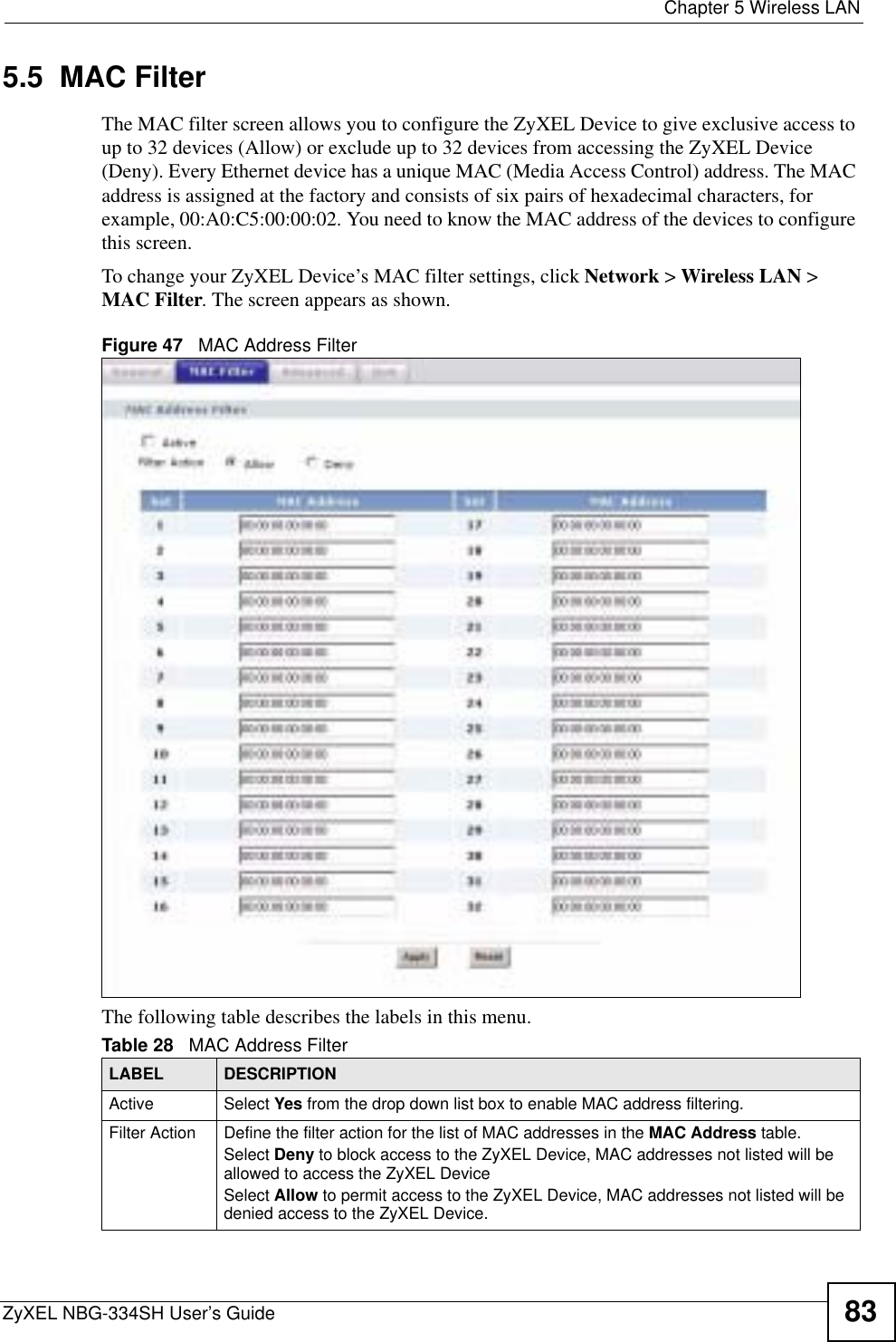  Chapter 5 Wireless LANZyXEL NBG-334SH User’s Guide 835.5  MAC FilterThe MAC filter screen allows you to configure the ZyXEL Device to give exclusive access to up to 32 devices (Allow) or exclude up to 32 devices from accessing the ZyXEL Device (Deny). Every Ethernet device has a unique MAC (Media Access Control) address. The MAC address is assigned at the factory and consists of six pairs of hexadecimal characters, for example, 00:A0:C5:00:00:02. You need to know the MAC address of the devices to configure this screen.To change your ZyXEL Device’s MAC filter settings, click Network &gt; Wireless LAN &gt; MAC Filter. The screen appears as shown.Figure 47   MAC Address FilterThe following table describes the labels in this menu.Table 28   MAC Address FilterLABEL DESCRIPTIONActive Select Yes from the drop down list box to enable MAC address filtering.Filter Action  Define the filter action for the list of MAC addresses in the MAC Address table. Select Deny to block access to the ZyXEL Device, MAC addresses not listed will be allowed to access the ZyXEL Device Select Allow to permit access to the ZyXEL Device, MAC addresses not listed will be denied access to the ZyXEL Device. 