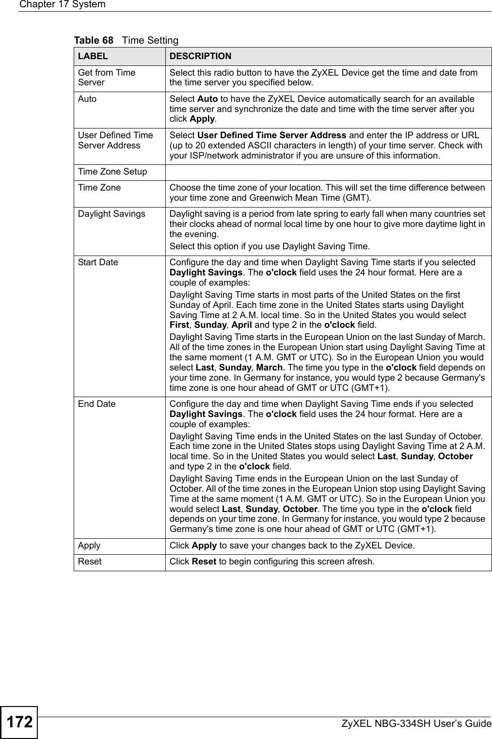 Chapter 17 SystemZyXEL NBG-334SH User’s Guide172Get from Time ServerSelect this radio button to have the ZyXEL Device get the time and date from the time server you specified below.Auto Select Auto to have the ZyXEL Device automatically search for an available time server and synchronize the date and time with the time server after you click Apply.User Defined Time Server Address Select User Defined Time Server Address and enter the IP address or URL (up to 20 extended ASCII characters in length) of your time server. Check with your ISP/network administrator if you are unsure of this information.Time Zone SetupTime Zone Choose the time zone of your location. This will set the time difference between your time zone and Greenwich Mean Time (GMT). Daylight Savings Daylight saving is a period from late spring to early fall when many countries set their clocks ahead of normal local time by one hour to give more daytime light in the evening.Select this option if you use Daylight Saving Time.Start Date Configure the day and time when Daylight Saving Time starts if you selected  Daylight Savings. The o&apos;clock field uses the 24 hour format. Here are a couple of examples:Daylight Saving Time starts in most parts of the United States on the first Sunday of April. Each time zone in the United States starts using Daylight Saving Time at 2 A.M. local time. So in the United States you would select First, Sunday, April and type 2 in the o&apos;clock field.Daylight Saving Time starts in the European Union on the last Sunday of March. All of the time zones in the European Union start using Daylight Saving Time at the same moment (1 A.M. GMT or UTC). So in the European Union you would select Last, Sunday, March. The time you type in the o&apos;clock field depends on your time zone. In Germany for instance, you would type 2 because Germany&apos;s time zone is one hour ahead of GMT or UTC (GMT+1). End Date Configure the day and time when Daylight Saving Time ends if you selected Daylight Savings. The o&apos;clock field uses the 24 hour format. Here are a couple of examples:Daylight Saving Time ends in the United States on the last Sunday of October. Each time zone in the United States stops using Daylight Saving Time at 2 A.M. local time. So in the United States you would select Last, Sunday, October and type 2 in the o&apos;clock field.Daylight Saving Time ends in the European Union on the last Sunday of October. All of the time zones in the European Union stop using Daylight Saving Time at the same moment (1 A.M. GMT or UTC). So in the European Union you would select Last, Sunday, October. The time you type in the o&apos;clock field depends on your time zone. In Germany for instance, you would type 2 because Germany&apos;s time zone is one hour ahead of GMT or UTC (GMT+1). Apply Click Apply to save your changes back to the ZyXEL Device.Reset Click Reset to begin configuring this screen afresh.Table 68   Time SettingLABEL DESCRIPTION