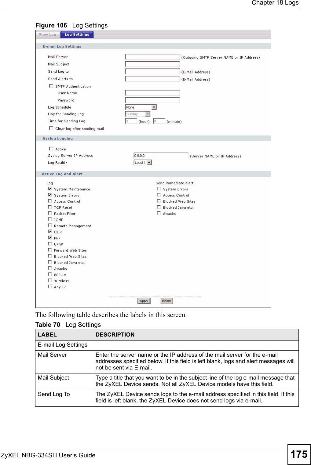  Chapter 18 LogsZyXEL NBG-334SH User’s Guide 175Figure 106   Log SettingsThe following table describes the labels in this screen.Table 70   Log SettingsLABEL DESCRIPTIONE-mail Log Settings Mail Server  Enter the server name or the IP address of the mail server for the e-mail addresses specified below. If this field is left blank, logs and alert messages will not be sent via E-mail. Mail Subject Type a title that you want to be in the subject line of the log e-mail message that the ZyXEL Device sends. Not all ZyXEL Device models have this field.Send Log To  The ZyXEL Device sends logs to the e-mail address specified in this field. If this field is left blank, the ZyXEL Device does not send logs via e-mail. 