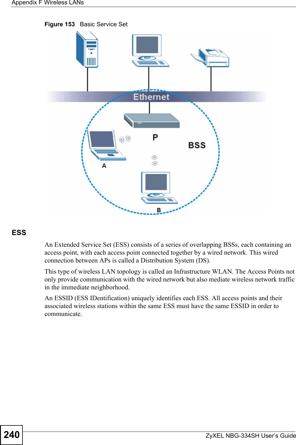 Appendix F Wireless LANsZyXEL NBG-334SH User’s Guide240Figure 153   Basic Service SetESSAn Extended Service Set (ESS) consists of a series of overlapping BSSs, each containing an access point, with each access point connected together by a wired network. This wired connection between APs is called a Distribution System (DS).This type of wireless LAN topology is called an Infrastructure WLAN. The Access Points not only provide communication with the wired network but also mediate wireless network traffic in the immediate neighborhood. An ESSID (ESS IDentification) uniquely identifies each ESS. All access points and their associated wireless stations within the same ESS must have the same ESSID in order to communicate.