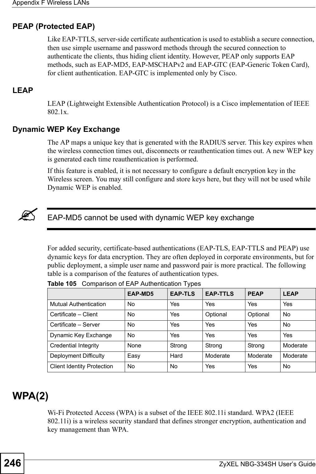 Appendix F Wireless LANsZyXEL NBG-334SH User’s Guide246PEAP (Protected EAP)   Like EAP-TTLS, server-side certificate authentication is used to establish a secure connection, then use simple username and password methods through the secured connection to authenticate the clients, thus hiding client identity. However, PEAP only supports EAP methods, such as EAP-MD5, EAP-MSCHAPv2 and EAP-GTC (EAP-Generic Token Card), for client authentication. EAP-GTC is implemented only by Cisco.LEAPLEAP (Lightweight Extensible Authentication Protocol) is a Cisco implementation of IEEE 802.1x. Dynamic WEP Key ExchangeThe AP maps a unique key that is generated with the RADIUS server. This key expires when the wireless connection times out, disconnects or reauthentication times out. A new WEP key is generated each time reauthentication is performed.If this feature is enabled, it is not necessary to configure a default encryption key in the Wireless screen. You may still configure and store keys here, but they will not be used while Dynamic WEP is enabled.&quot;EAP-MD5 cannot be used with dynamic WEP key exchangeFor added security, certificate-based authentications (EAP-TLS, EAP-TTLS and PEAP) use dynamic keys for data encryption. They are often deployed in corporate environments, but for public deployment, a simple user name and password pair is more practical. The following table is a comparison of the features of authentication types.WPA(2)Wi-Fi Protected Access (WPA) is a subset of the IEEE 802.11i standard. WPA2 (IEEE 802.11i) is a wireless security standard that defines stronger encryption, authentication and key management than WPA. Table 105   Comparison of EAP Authentication TypesEAP-MD5 EAP-TLS EAP-TTLS PEAP LEAPMutual Authentication No Yes Yes Yes YesCertificate – Client No Yes Optional Optional NoCertificate – Server No Yes Yes Yes NoDynamic Key Exchange No Yes Yes Yes YesCredential Integrity None Strong Strong Strong ModerateDeployment Difficulty Easy Hard Moderate Moderate ModerateClient Identity Protection No No Yes Yes No