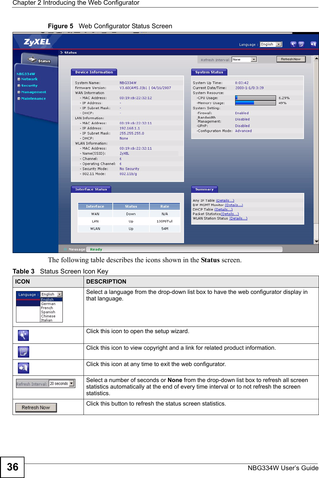 Chapter 2 Introducing the Web ConfiguratorNBG334W User’s Guide36Figure 5   Web Configurator Status Screen The following table describes the icons shown in the Status screen.Table 3   Status Screen Icon Key ICON DESCRIPTIONSelect a language from the drop-down list box to have the web configurator display in that language.Click this icon to open the setup wizard. Click this icon to view copyright and a link for related product information.Click this icon at any time to exit the web configurator.Select a number of seconds or None from the drop-down list box to refresh all screen statistics automatically at the end of every time interval or to not refresh the screen statistics.Click this button to refresh the status screen statistics.