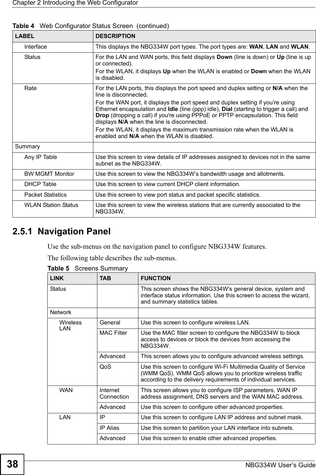 Chapter 2 Introducing the Web ConfiguratorNBG334W User’s Guide382.5.1  Navigation PanelUse the sub-menus on the navigation panel to configure NBG334W features. The following table describes the sub-menus.Interface This displays the NBG334W port types. The port types are: WAN, LAN and WLAN.Status For the LAN and WAN ports, this field displays Down (line is down) or Up (line is up or connected).For the WLAN, it displays Up when the WLAN is enabled or Down when the WLAN is disabled.Rate For the LAN ports, this displays the port speed and duplex setting or N/A when the line is disconnected.For the WAN port, it displays the port speed and duplex setting if you’re using Ethernet encapsulation and Idle (line (ppp) idle), Dial (starting to trigger a call) and Drop (dropping a call) if you&apos;re using PPPoE or PPTP encapsulation. This field displays N/A when the line is disconnected.For the WLAN, it displays the maximum transmission rate when the WLAN is enabled and N/A when the WLAN is disabled.SummaryAny IP Table Use this screen to view details of IP addresses assigned to devices not in the same subnet as the NBG334W.BW MGMT Monitor Use this screen to view the NBG334W’s bandwidth usage and allotments.DHCP Table Use this screen to view current DHCP client information.Packet Statistics Use this screen to view port status and packet specific statistics.WLAN Station Status Use this screen to view the wireless stations that are currently associated to the NBG334W.Table 4   Web Configurator Status Screen  (continued) LABEL DESCRIPTIONTable 5   Screens SummaryLINK TAB FUNCTIONStatus This screen shows the NBG334W’s general device, system and interface status information. Use this screen to access the wizard, and summary statistics tables.NetworkWireless LANGeneral Use this screen to configure wireless LAN.MAC Filter Use the MAC filter screen to configure the NBG334W to block access to devices or block the devices from accessing the NBG334W.Advanced This screen allows you to configure advanced wireless settings.QoS Use this screen to configure Wi-Fi Multimedia Quality of Service (WMM QoS). WMM QoS allows you to prioritize wireless traffic according to the delivery requirements of individual services.WAN Internet ConnectionThis screen allows you to configure ISP parameters, WAN IP address assignment, DNS servers and the WAN MAC address. Advanced Use this screen to configure other advanced properties.LAN IP Use this screen to configure LAN IP address and subnet mask.IP Alias Use this screen to partition your LAN interface into subnets.Advanced Use this screen to enable other advanced properties.