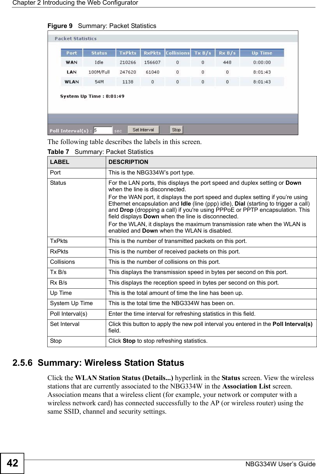 Chapter 2 Introducing the Web ConfiguratorNBG334W User’s Guide42Figure 9   Summary: Packet Statistics The following table describes the labels in this screen.2.5.6  Summary: Wireless Station Status     Click the WLAN Station Status (Details...) hyperlink in the Status screen. View the wireless stations that are currently associated to the NBG334W in the Association List screen. Association means that a wireless client (for example, your network or computer with a wireless network card) has connected successfully to the AP (or wireless router) using the same SSID, channel and security settings.Table 7   Summary: Packet StatisticsLABEL DESCRIPTIONPort This is the NBG334W’s port type.Status  For the LAN ports, this displays the port speed and duplex setting or Down when the line is disconnected.For the WAN port, it displays the port speed and duplex setting if you’re using Ethernet encapsulation and Idle (line (ppp) idle), Dial (starting to trigger a call) and Drop (dropping a call) if you&apos;re using PPPoE or PPTP encapsulation. This field displays Down when the line is disconnected.For the WLAN, it displays the maximum transmission rate when the WLAN is enabled and Down when the WLAN is disabled.TxPkts  This is the number of transmitted packets on this port.RxPkts  This is the number of received packets on this port.Collisions  This is the number of collisions on this port.Tx B/s  This displays the transmission speed in bytes per second on this port.Rx B/s This displays the reception speed in bytes per second on this port.Up Time  This is the total amount of time the line has been up.System Up Time This is the total time the NBG334W has been on.Poll Interval(s) Enter the time interval for refreshing statistics in this field.Set Interval Click this button to apply the new poll interval you entered in the Poll Interval(s) field.Stop Click Stop to stop refreshing statistics.