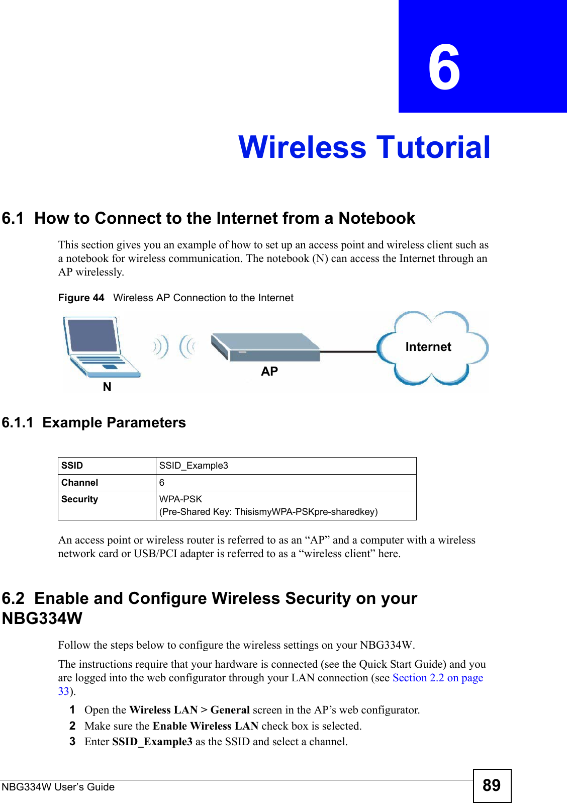 NBG334W User’s Guide 89CHAPTER  6 Wireless Tutorial6.1  How to Connect to the Internet from a NotebookThis section gives you an example of how to set up an access point and wireless client such as a notebook for wireless communication. The notebook (N) can access the Internet through an AP wirelessly.Figure 44   Wireless AP Connection to the Internet6.1.1  Example ParametersAn access point or wireless router is referred to as an “AP” and a computer with a wireless network card or USB/PCI adapter is referred to as a “wireless client” here.6.2  Enable and Configure Wireless Security on your NBG334WFollow the steps below to configure the wireless settings on your NBG334W. The instructions require that your hardware is connected (see the Quick Start Guide) and you are logged into the web configurator through your LAN connection (see Section 2.2 on page 33).1Open the Wireless LAN &gt; General screen in the AP’s web configurator.2Make sure the Enable Wireless LAN check box is selected.3Enter SSID_Example3 as the SSID and select a channel.NAPInternetSSID SSID_Example3Channel 6Security  WPA-PSK(Pre-Shared Key: ThisismyWPA-PSKpre-sharedkey)