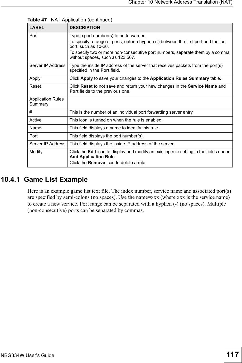  Chapter 10 Network Address Translation (NAT)NBG334W User’s Guide 11710.4.1  Game List ExampleHere is an example game list text file. The index number, service name and associated port(s) are specified by semi-colons (no spaces). Use the name=xxx (where xxx is the service name) to create a new service. Port range can be separated with a hyphen (-) (no spaces). Multiple (non-consecutive) ports can be separated by commas.Port Type a port number(s) to be forwarded.To specify a range of ports, enter a hyphen (-) between the first port and the last port, such as 10-20.To specify two or more non-consecutive port numbers, separate them by a comma without spaces, such as 123,567.Server IP Address Type the inside IP address of the server that receives packets from the port(s) specified in the Port field.Apply Click Apply to save your changes to the Application Rules Summary table.Reset Click Reset to not save and return your new changes in the Service Name and Port fields to the previous one.Application Rules Summary#This is the number of an individual port forwarding server entry.Active This icon is turned on when the rule is enabled. Name This field displays a name to identify this rule.Port This field displays the port number(s). Server IP Address This field displays the inside IP address of the server.Modify Click the Edit icon to display and modify an existing rule setting in the fields under Add Application Rule. Click the Remove icon to delete a rule.Table 47   NAT Application (continued)LABEL DESCRIPTION