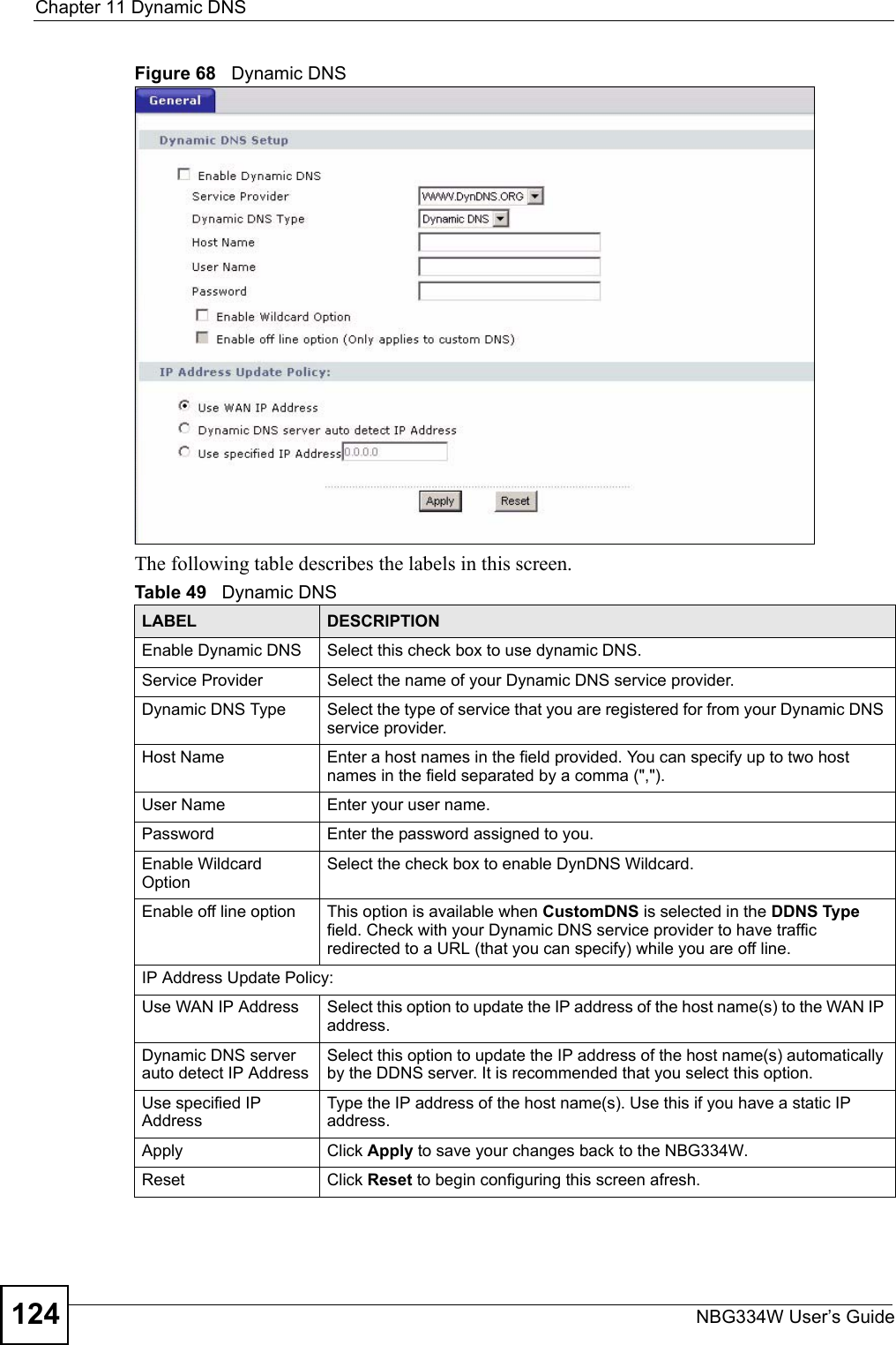 Chapter 11 Dynamic DNSNBG334W User’s Guide124Figure 68   Dynamic DNSThe following table describes the labels in this screen.Table 49   Dynamic DNSLABEL DESCRIPTIONEnable Dynamic DNS Select this check box to use dynamic DNS.Service Provider Select the name of your Dynamic DNS service provider.Dynamic DNS Type Select the type of service that you are registered for from your Dynamic DNS service provider.Host Name Enter a host names in the field provided. You can specify up to two host names in the field separated by a comma (&quot;,&quot;).User Name Enter your user name.Password Enter the password assigned to you.Enable Wildcard OptionSelect the check box to enable DynDNS Wildcard.Enable off line option This option is available when CustomDNS is selected in the DDNS Type field. Check with your Dynamic DNS service provider to have traffic redirected to a URL (that you can specify) while you are off line.IP Address Update Policy:Use WAN IP Address Select this option to update the IP address of the host name(s) to the WAN IP address.Dynamic DNS server auto detect IP AddressSelect this option to update the IP address of the host name(s) automatically by the DDNS server. It is recommended that you select this option.Use specified IP AddressType the IP address of the host name(s). Use this if you have a static IP address.Apply Click Apply to save your changes back to the NBG334W.Reset Click Reset to begin configuring this screen afresh.