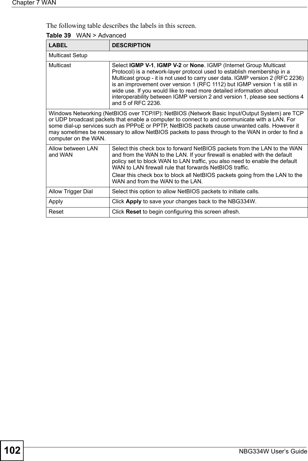 Chapter 7 WANNBG334W User’s Guide102The following table describes the labels in this screen.Table 39   WAN &gt; AdvancedLABEL DESCRIPTIONMulticast SetupMulticast Select IGMP V-1, IGMP V-2 or None. IGMP (Internet Group Multicast Protocol) is a network-layer protocol used to establish membership in a Multicast group - it is not used to carry user data. IGMP version 2 (RFC 2236) is an improvement over version 1 (RFC 1112) but IGMP version 1 is still in wide use. If you would like to read more detailed information about interoperability between IGMP version 2 and version 1, please see sections 4 and 5 of RFC 2236.Windows Networking (NetBIOS over TCP/IP): NetBIOS (Network Basic Input/Output System) are TCP or UDP broadcast packets that enable a computer to connect to and communicate with a LAN. For some dial-up services such as PPPoE or PPTP, NetBIOS packets cause unwanted calls. However it may sometimes be necessary to allow NetBIOS packets to pass through to the WAN in order to find a computer on the WAN.Allow between LAN and WANSelect this check box to forward NetBIOS packets from the LAN to the WAN and from the WAN to the LAN. If your firewall is enabled with the default policy set to block WAN to LAN traffic, you also need to enable the default WAN to LAN firewall rule that forwards NetBIOS traffic.Clear this check box to block all NetBIOS packets going from the LAN to the WAN and from the WAN to the LAN.Allow Trigger Dial  Select this option to allow NetBIOS packets to initiate calls. Apply Click Apply to save your changes back to the NBG334W.Reset Click Reset to begin configuring this screen afresh.