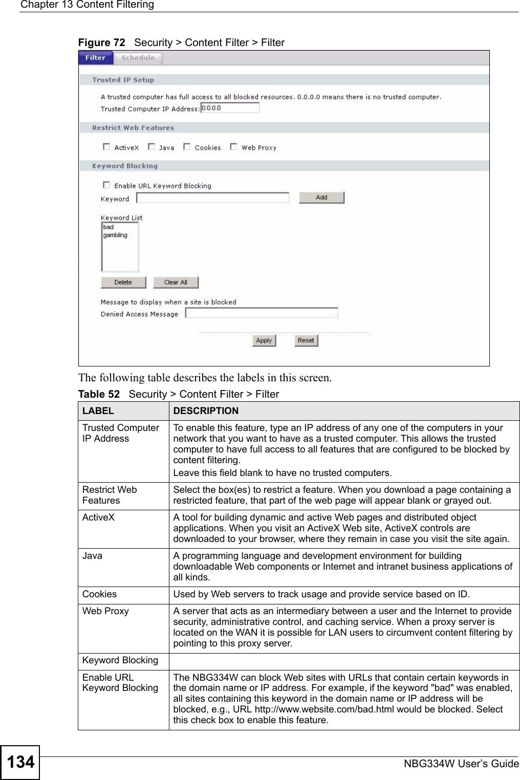 Chapter 13 Content FilteringNBG334W User’s Guide134Figure 72   Security &gt; Content Filter &gt; Filter The following table describes the labels in this screen.Table 52   Security &gt; Content Filter &gt; FilterLABEL DESCRIPTIONTrusted Computer IP AddressTo enable this feature, type an IP address of any one of the computers in your network that you want to have as a trusted computer. This allows the trusted computer to have full access to all features that are configured to be blocked by content filtering.Leave this field blank to have no trusted computers.Restrict Web FeaturesSelect the box(es) to restrict a feature. When you download a page containing a restricted feature, that part of the web page will appear blank or grayed out.ActiveX  A tool for building dynamic and active Web pages and distributed object applications. When you visit an ActiveX Web site, ActiveX controls are downloaded to your browser, where they remain in case you visit the site again. Java A programming language and development environment for building downloadable Web components or Internet and intranet business applications of all kinds.Cookies Used by Web servers to track usage and provide service based on ID. Web Proxy A server that acts as an intermediary between a user and the Internet to provide security, administrative control, and caching service. When a proxy server is located on the WAN it is possible for LAN users to circumvent content filtering by pointing to this proxy server. Keyword BlockingEnable URL Keyword BlockingThe NBG334W can block Web sites with URLs that contain certain keywords in the domain name or IP address. For example, if the keyword &quot;bad&quot; was enabled, all sites containing this keyword in the domain name or IP address will be blocked, e.g., URL http://www.website.com/bad.html would be blocked. Select this check box to enable this feature.