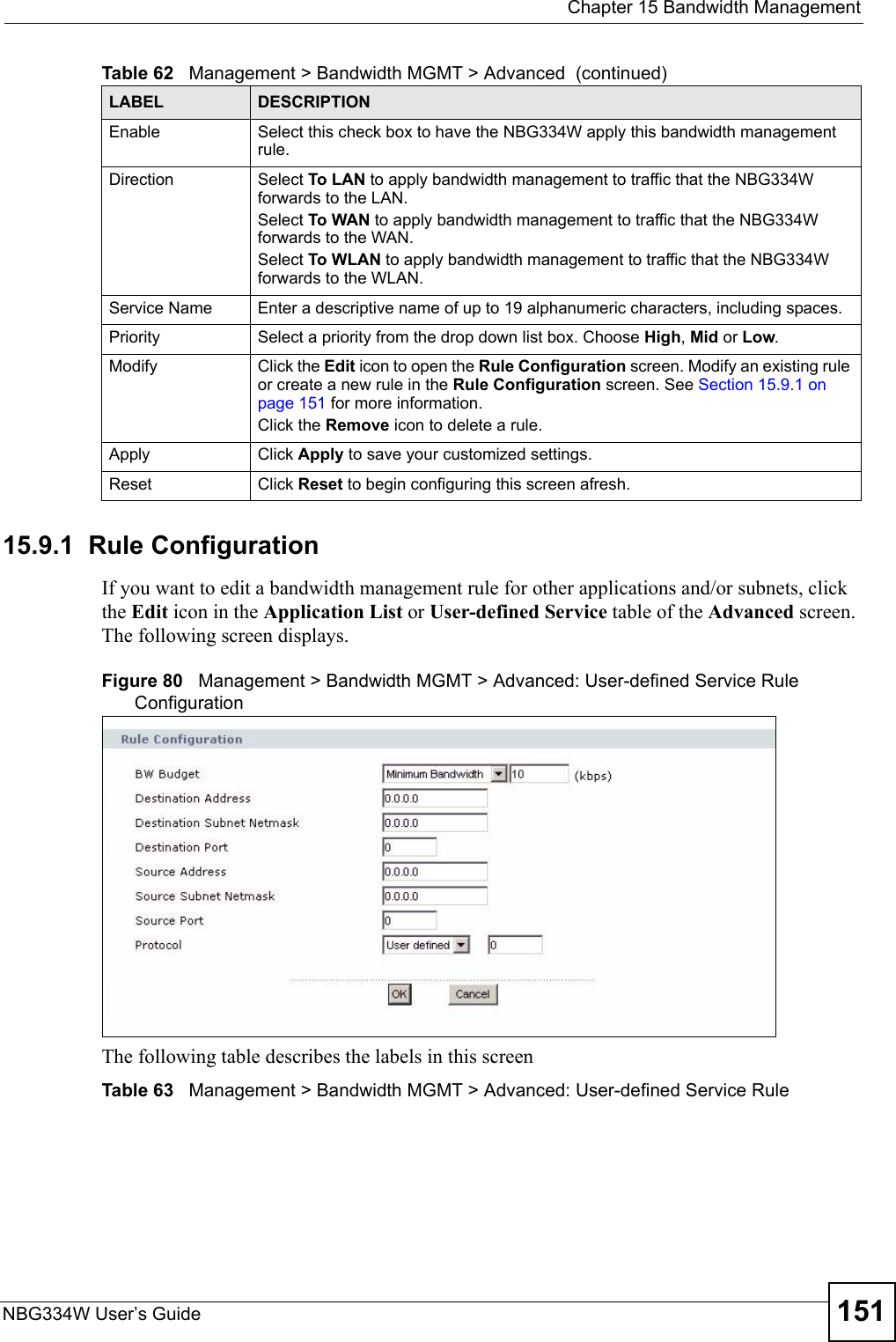  Chapter 15 Bandwidth ManagementNBG334W User’s Guide 15115.9.1  Rule Configuration    If you want to edit a bandwidth management rule for other applications and/or subnets, click the Edit icon in the Application List or User-defined Service table of the Advanced screen. The following screen displays.Figure 80   Management &gt; Bandwidth MGMT &gt; Advanced: User-defined Service Rule Configuration The following table describes the labels in this screenTable 63   Management &gt; Bandwidth MGMT &gt; Advanced: User-defined Service Rule Enable Select this check box to have the NBG334W apply this bandwidth management rule.Direction  Select To LAN to apply bandwidth management to traffic that the NBG334W forwards to the LAN. Select To WAN to apply bandwidth management to traffic that the NBG334W forwards to the WAN. Select To WLAN to apply bandwidth management to traffic that the NBG334W forwards to the WLAN. Service Name Enter a descriptive name of up to 19 alphanumeric characters, including spaces.Priority Select a priority from the drop down list box. Choose High, Mid or Low.Modify Click the Edit icon to open the Rule Configuration screen. Modify an existing rule or create a new rule in the Rule Configuration screen. See Section 15.9.1 on page 151 for more information.Click the Remove icon to delete a rule.Apply Click Apply to save your customized settings.Reset Click Reset to begin configuring this screen afresh.Table 62   Management &gt; Bandwidth MGMT &gt; Advanced  (continued)LABEL DESCRIPTION