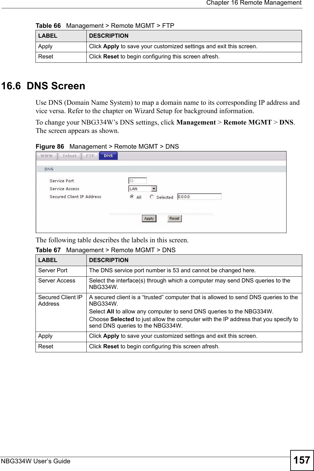  Chapter 16 Remote ManagementNBG334W User’s Guide 15716.6  DNS Screen    Use DNS (Domain Name System) to map a domain name to its corresponding IP address and vice versa. Refer to the chapter on Wizard Setup for background information. To change your NBG334W’s DNS settings, click Management &gt; Remote MGMT &gt; DNS. The screen appears as shown.Figure 86   Management &gt; Remote MGMT &gt; DNS The following table describes the labels in this screen.Apply Click Apply to save your customized settings and exit this screen. Reset Click Reset to begin configuring this screen afresh.Table 66   Management &gt; Remote MGMT &gt; FTPLABEL DESCRIPTIONTable 67   Management &gt; Remote MGMT &gt; DNSLABEL DESCRIPTIONServer Port The DNS service port number is 53 and cannot be changed here.Server Access Select the interface(s) through which a computer may send DNS queries to the NBG334W.Secured Client IP AddressA secured client is a “trusted” computer that is allowed to send DNS queries to the NBG334W.Select All to allow any computer to send DNS queries to the NBG334W.Choose Selected to just allow the computer with the IP address that you specify to send DNS queries to the NBG334W.Apply Click Apply to save your customized settings and exit this screen. Reset Click Reset to begin configuring this screen afresh.