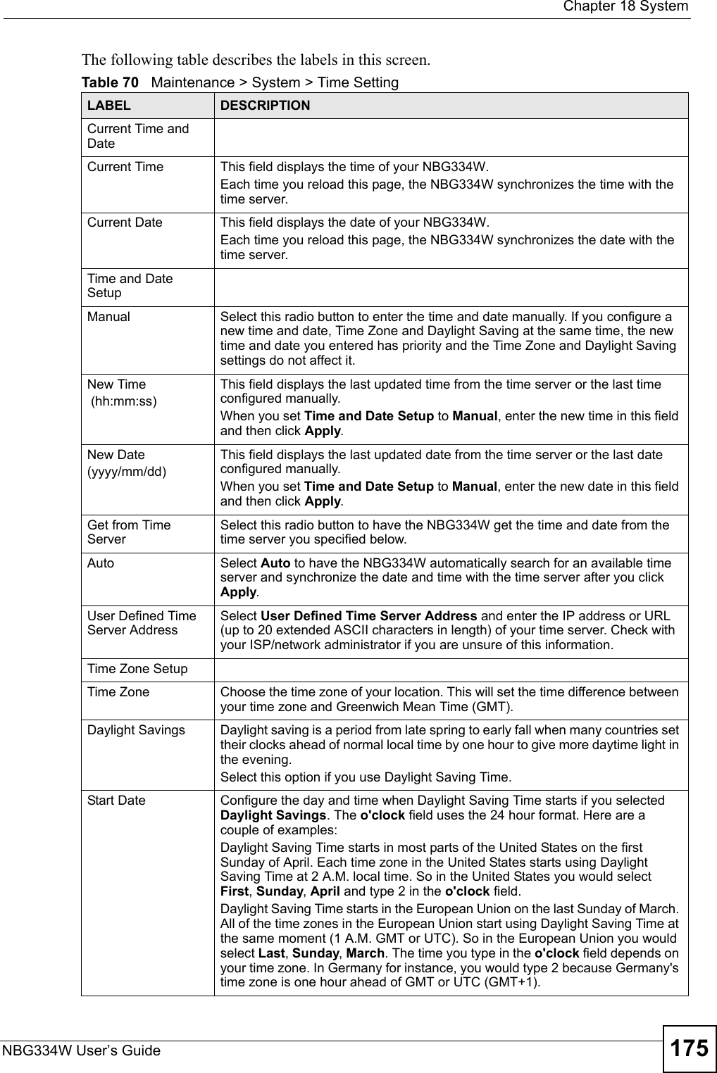  Chapter 18 SystemNBG334W User’s Guide 175The following table describes the labels in this screen.Table 70   Maintenance &gt; System &gt; Time SettingLABEL DESCRIPTIONCurrent Time and DateCurrent Time  This field displays the time of your NBG334W.Each time you reload this page, the NBG334W synchronizes the time with the time server.Current Date  This field displays the date of your NBG334W. Each time you reload this page, the NBG334W synchronizes the date with the time server.Time and Date SetupManual Select this radio button to enter the time and date manually. If you configure a new time and date, Time Zone and Daylight Saving at the same time, the new time and date you entered has priority and the Time Zone and Daylight Saving settings do not affect it.New Time (hh:mm:ss)This field displays the last updated time from the time server or the last time configured manually.When you set Time and Date Setup to Manual, enter the new time in this field and then click Apply. New Date (yyyy/mm/dd)This field displays the last updated date from the time server or the last date configured manually.When you set Time and Date Setup to Manual, enter the new date in this field and then click Apply.Get from Time ServerSelect this radio button to have the NBG334W get the time and date from the time server you specified below.Auto Select Auto to have the NBG334W automatically search for an available time server and synchronize the date and time with the time server after you click Apply.User Defined Time Server Address Select User Defined Time Server Address and enter the IP address or URL (up to 20 extended ASCII characters in length) of your time server. Check with your ISP/network administrator if you are unsure of this information.Time Zone SetupTime Zone Choose the time zone of your location. This will set the time difference between your time zone and Greenwich Mean Time (GMT). Daylight Savings Daylight saving is a period from late spring to early fall when many countries set their clocks ahead of normal local time by one hour to give more daytime light in the evening.Select this option if you use Daylight Saving Time.Start Date Configure the day and time when Daylight Saving Time starts if you selected  Daylight Savings. The o&apos;clock field uses the 24 hour format. Here are a couple of examples:Daylight Saving Time starts in most parts of the United States on the first Sunday of April. Each time zone in the United States starts using Daylight Saving Time at 2 A.M. local time. So in the United States you would select First, Sunday, April and type 2 in the o&apos;clock field.Daylight Saving Time starts in the European Union on the last Sunday of March. All of the time zones in the European Union start using Daylight Saving Time at the same moment (1 A.M. GMT or UTC). So in the European Union you would select Last, Sunday, March. The time you type in the o&apos;clock field depends on your time zone. In Germany for instance, you would type 2 because Germany&apos;s time zone is one hour ahead of GMT or UTC (GMT+1). 