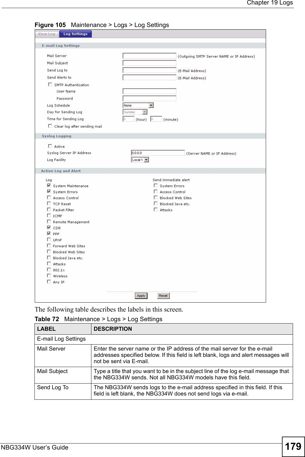  Chapter 19 LogsNBG334W User’s Guide 179Figure 105   Maintenance &gt; Logs &gt; Log Settings The following table describes the labels in this screen.Table 72   Maintenance &gt; Logs &gt; Log SettingsLABEL DESCRIPTIONE-mail Log Settings Mail Server  Enter the server name or the IP address of the mail server for the e-mail addresses specified below. If this field is left blank, logs and alert messages will not be sent via E-mail. Mail Subject Type a title that you want to be in the subject line of the log e-mail message that the NBG334W sends. Not all NBG334W models have this field.Send Log To  The NBG334W sends logs to the e-mail address specified in this field. If this field is left blank, the NBG334W does not send logs via e-mail. 