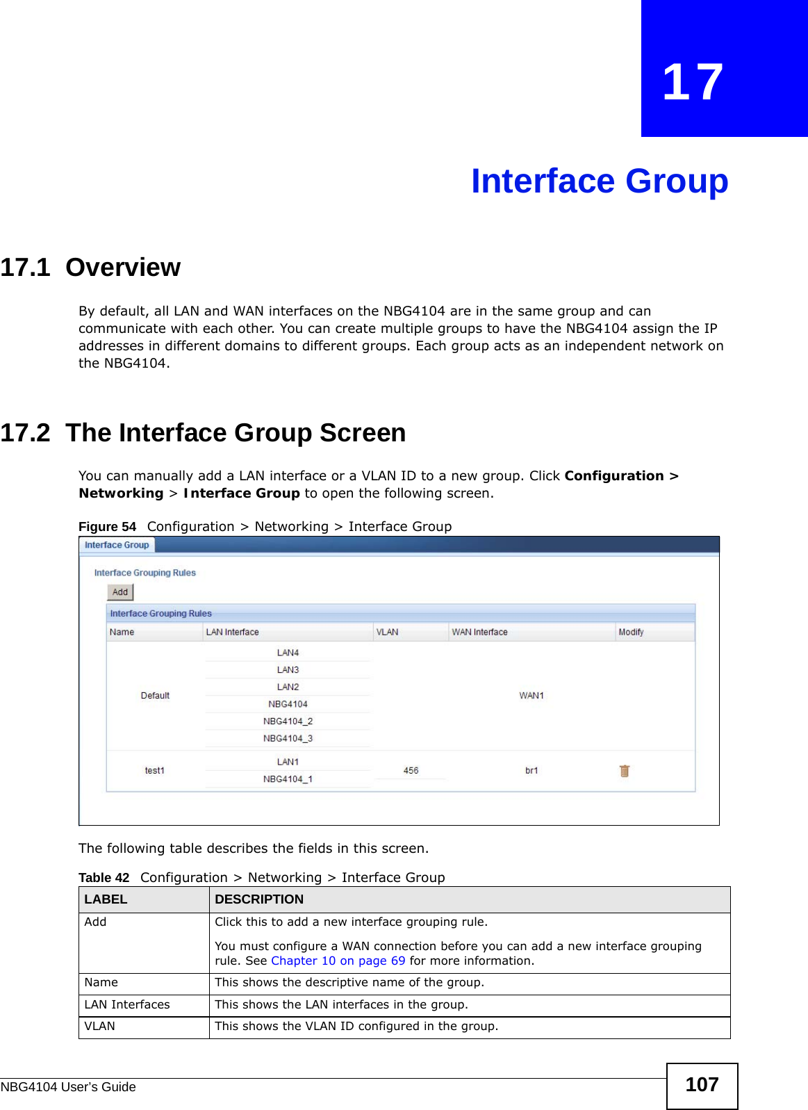 NBG4104 User’s Guide 107CHAPTER   17Interface Group17.1  OverviewBy default, all LAN and WAN interfaces on the NBG4104 are in the same group and can communicate with each other. You can create multiple groups to have the NBG4104 assign the IP addresses in different domains to different groups. Each group acts as an independent network on the NBG4104. 17.2  The Interface Group ScreenYou can manually add a LAN interface or a VLAN ID to a new group. Click Configuration &gt; Networking &gt; Interface Group to open the following screen. Figure 54   Configuration &gt; Networking &gt; Interface Group The following table describes the fields in this screen. Table 42   Configuration &gt; Networking &gt; Interface GroupLABEL DESCRIPTIONAdd  Click this to add a new interface grouping rule. You must configure a WAN connection before you can add a new interface grouping rule. See Chapter 10 on page 69 for more information. Name This shows the descriptive name of the group.LAN Interfaces This shows the LAN interfaces in the group.VLAN This shows the VLAN ID configured in the group. 