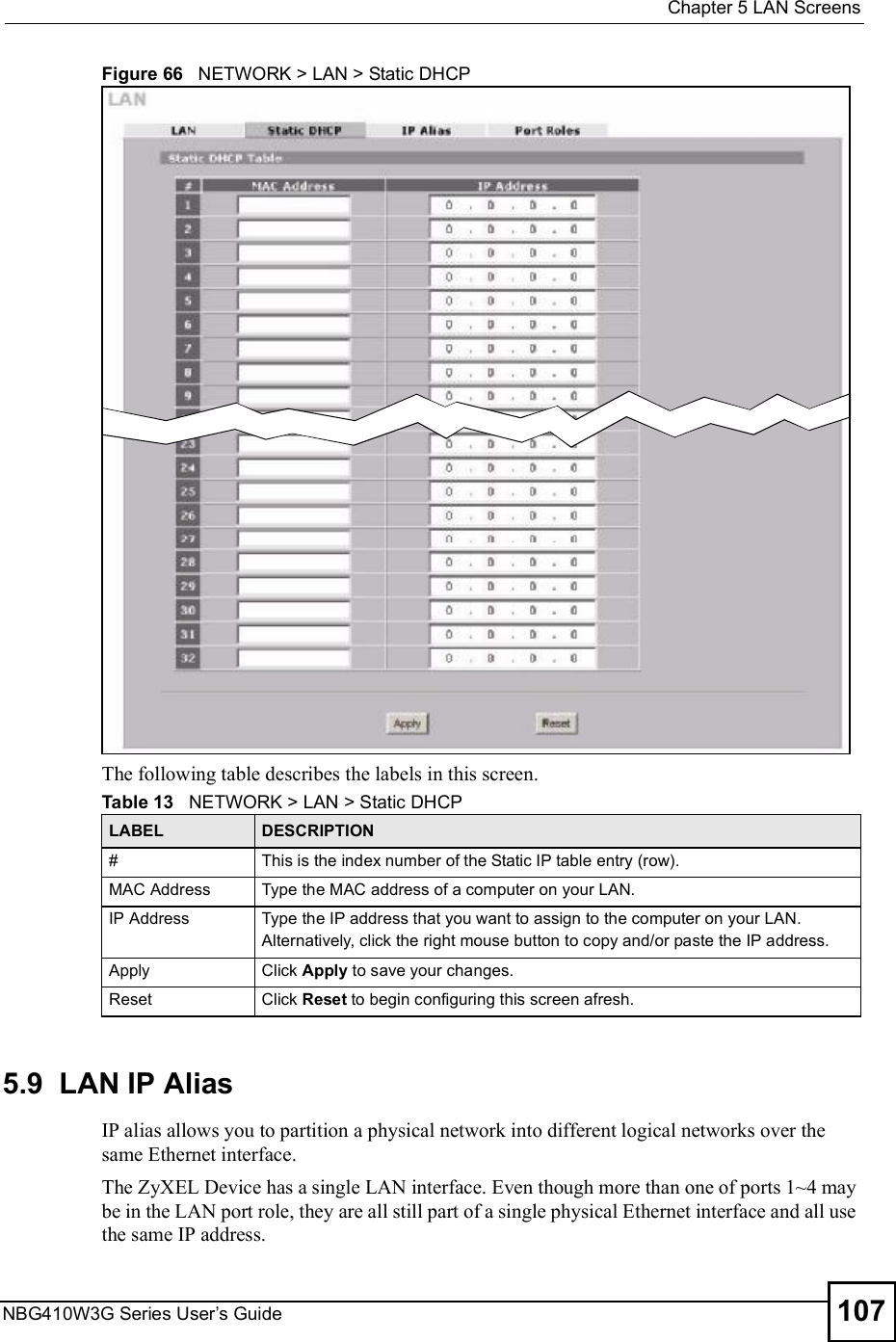  Chapter 5LAN ScreensNBG410W3G Series User s Guide 107Figure 66   NETWORK &gt; LAN &gt; Static DHCPThe following table describes the labels in this screen.5.9  LAN IP Alias  IP alias allows you to partition a physical network into different logical networks over the same Ethernet interface. The ZyXEL Device has a single LAN interface. Even though more than one of ports 1~4 may be in the LAN port role, they are all still part of a single physical Ethernet interface and all use the same IP address.Table 13   NETWORK &gt; LAN &gt; Static DHCPLABEL DESCRIPTION#This is the index number of the Static IP table entry (row).MAC AddressType the MAC address of a computer on your LAN.IP AddressType the IP address that you want to assign to the computer on your LAN.Alternatively, click the right mouse button to copy and/or paste the IP address.ApplyClick Apply to save your changes.ResetClick Reset to begin configuring this screen afresh.