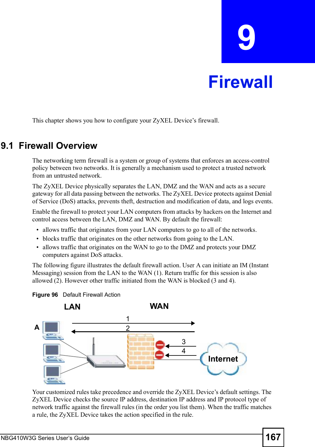 NBG410W3G Series User s Guide 167CHAPTER  9 FirewallThis chapter shows you how to configure your ZyXEL Device!s firewall.9.1  Firewall Overview The networking term firewall is a system or group of systems that enforces an access-control policy between two networks. It is generally a mechanism used to protect a trusted network from an untrusted network. The ZyXEL Device physically separates the LAN, DMZ and the WAN and acts as a secure gateway for all data passing between the networks. The ZyXEL Device protects against Denial of Service (DoS) attacks, prevents theft, destruction and modification of data, and logs events.Enable the firewall to protect your LAN computers from attacks by hackers on the Internet and control access between the LAN, DMZ and WAN. By default the firewall: allows traffic that originates from your LAN computers to go to all of the networks.  blocks traffic that originates on the other networks from going to the LAN.  allows traffic that originates on the WAN to go to the DMZ and protects your DMZ computers against DoS attacks.The following figure illustrates the default firewall action. User A can initiate an IM (Instant Messaging) session from the LAN to the WAN (1). Return traffic for this session is also allowed (2). However other traffic initiated from the WAN is blocked (3 and 4).Figure 96   Default Firewall ActionYour customized rules take precedence and override the ZyXEL Device!s default settings. The ZyXEL Device checks the source IP address, destination IP address and IP protocol type of network traffic against the firewall rules (in the order you list them). When the traffic matches a rule, the ZyXEL Device takes the action specified in the rule. WANLANInternet3412A