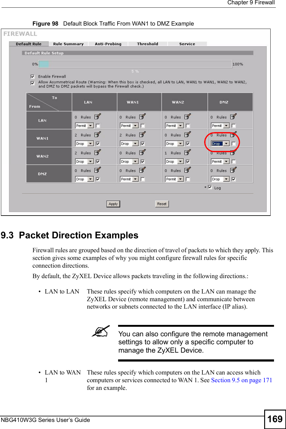  Chapter 9FirewallNBG410W3G Series User s Guide 169Figure 98   Default Block Traffic From WAN1 to DMZ Example    9.3  Packet Direction ExamplesFirewall rules are grouped based on the direction of travel of packets to which they apply. This section gives some examples of why you might configure firewall rules for specific connection directions. By default, the ZyXEL Device allows packets traveling in the following directions.: LAN to LANThese rules specify which computers on the LAN can manage the ZyXEL Device (remote management) and communicate between networks or subnets connected to the LAN interface (IP alias). You can also configure the remote management settings to allow only a specific computer to manage the ZyXEL Device. LAN to WAN 1These rules specify which computers on the LAN can access which computers or services connected to WAN 1. See Section 9.5 on page 171 for an example.