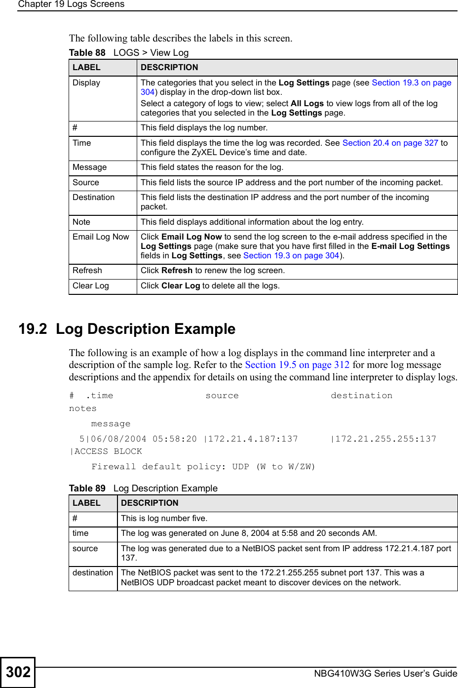 Chapter 19Logs ScreensNBG410W3G Series User s Guide302The following table describes the labels in this screen. 19.2  Log Description ExampleThe following is an example of how a log displays in the command line interpreter and a description of the sample log. Refer to the Section 19.5 on page 312 for more log message descriptions and the appendix for details on using the command line interpreter to display logs.#  .time                 source                 destination            notes    message  5|06/08/2004 05:58:20 |172.21.4.187:137      |172.21.255.255:137    |ACCESS BLOCK    Firewall default policy: UDP (W to W/ZW)Table 88   LOGS &gt; View LogLABEL DESCRIPTIONDisplay  The categories that you select in the Log Settings page (see Section 19.3 on page 304) display in the drop-down list box.Select a category of logs to view; select All Logs to view logs from all of the log categories that you selected in the Log Settings page. #This field displays the log number.Time  This field displays the time the log was recorded. See Section 20.4 on page 327 to configure the ZyXEL Device s time and date.Message This field states the reason for the log.Source This field lists the source IP address and the port number of the incoming packet.Destination  This field lists the destination IP address and the port number of the incoming packet.Note This field displays additional information about the log entry. Email Log Now  Click Email Log Now to send the log screen to the e-mail address specified in the Log Settings page (make sure that you have first filled in the E-mail Log Settings fields in Log Settings, see Section 19.3 on page 304).Refresh Click Refresh to renew the log screen. Clear Log  Click Clear Log to delete all the logs. Table 89   Log Description ExampleLABEL DESCRIPTION#This is log number five.time The log was generated on June 8, 2004 at 5:58 and 20 seconds AM. source The log was generated due to a NetBIOS packet sent from IP address 172.21.4.187 port 137. destination The NetBIOS packet was sent to the 172.21.255.255 subnet port 137. This was a NetBIOS UDP broadcast packet meant to discover devices on the network.