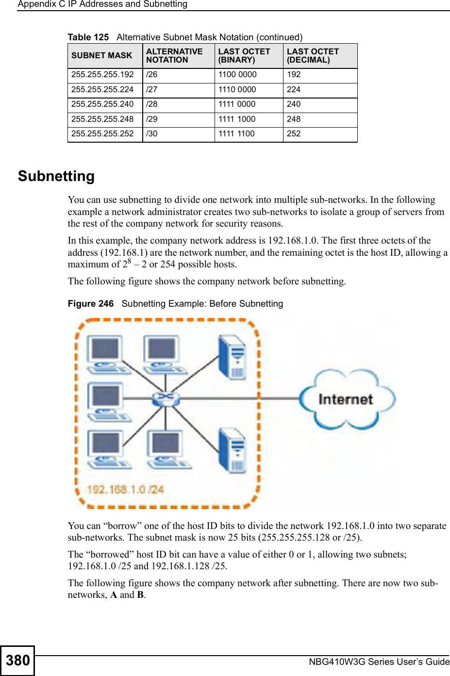 Appendix CIP Addresses and SubnettingNBG410W3G Series User s Guide380SubnettingYou can use subnetting to divide one network into multiple sub-networks. In the following example a network administrator creates two sub-networks to isolate a group of servers from the rest of the company network for security reasons.In this example, the company network address is 192.168.1.0. The first three octets of the address (192.168.1) are the network number, and the remaining octet is the host ID, allowing a maximum of 28 % 2 or 254 possible hosts.The following figure shows the company network before subnetting.  Figure 246   Subnetting Example: Before SubnettingYou can &quot;borrow# one of the host ID bits to divide the network 192.168.1.0 into two separate sub-networks. The subnet mask is now 25 bits (255.255.255.128 or /25).The &quot;borrowed# host ID bit can have a value of either 0 or 1, allowing two subnets; 192.168.1.0 /25 and 192.168.1.128 /25. The following figure shows the company network after subnetting. There are now two sub-networks, A and B. 255.255.255.192 /26 1100 0000 192255.255.255.224 /27 1110 0000 224255.255.255.240 /28 1111 0000 240255.255.255.248 /29 1111 1000 248255.255.255.252 /30 1111 1100 252Table 125   Alternative Subnet Mask Notation (continued)SUBNET MASK ALTERNATIVE NOTATIONLAST OCTET (BINARY)LAST OCTET (DECIMAL)