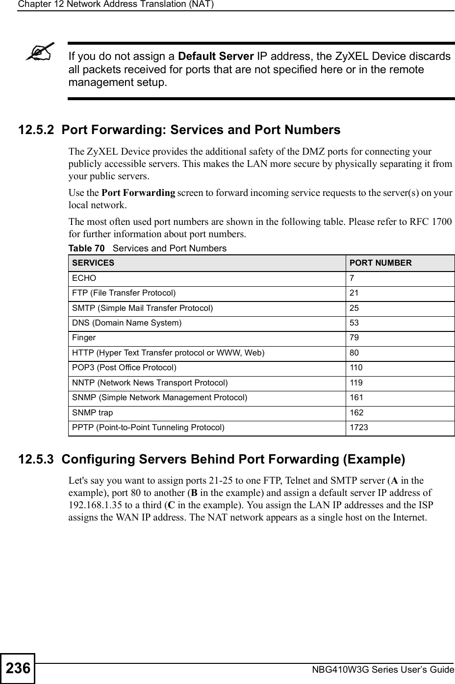 Chapter 12Network Address Translation (NAT)NBG410W3G Series User s Guide236If you do not assign a Default Server IP address, the ZyXEL Device discards all packets received for ports that are not specified here or in the remote management setup.12.5.2  Port Forwarding: Services and Port NumbersThe ZyXEL Device provides the additional safety of the DMZ ports for connecting your publicly accessible servers. This makes the LAN more secure by physically separating it from your public servers. Use the Port Forwarding screen to forward incoming service requests to the server(s) on your local network. The most often used port numbers are shown in the following table. Please refer to RFC 1700 for further information about port numbers. 12.5.3  Configuring Servers Behind Port Forwarding (Example)Let&apos;s say you want to assign ports 21-25 to one FTP, Telnet and SMTP server (A in the example), port 80 to another (B in the example) and assign a default server IP address of 192.168.1.35 to a third (C in the example). You assign the LAN IP addresses and the ISP assigns the WAN IP address. The NAT network appears as a single host on the Internet.Table 70   Services and Port NumbersSERVICES PORT NUMBERECHO 7FTP (File Transfer Protocol) 21SMTP (Simple Mail Transfer Protocol) 25DNS (Domain Name System) 53Finger 79HTTP (Hyper Text Transfer protocol or WWW, Web) 80POP3 (Post Office Protocol) 110NNTP (Network News Transport Protocol) 119SNMP (Simple Network Management Protocol) 161SNMP trap 162PPTP (Point-to-Point Tunneling Protocol) 1723
