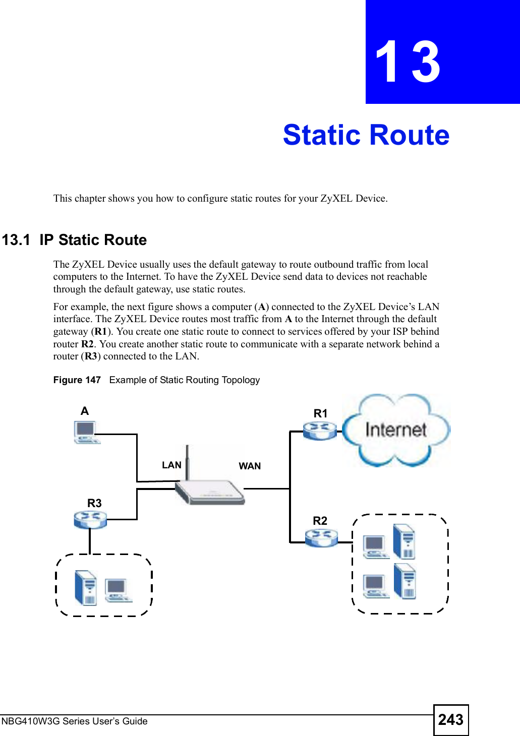 NBG410W3G Series User s Guide 243CHAPTER  13 Static RouteThis chapter shows you how to configure static routes for your ZyXEL Device.13.1  IP Static Route   The ZyXEL Device usually uses the default gateway to route outbound traffic from local computers to the Internet. To have the ZyXEL Device send data to devices not reachable through the default gateway, use static routes.For example, the next figure shows a computer (A) connected to the ZyXEL Device!s LAN interface. The ZyXEL Device routes most traffic from A to the Internet through the default gateway (R1). You create one static route to connect to services offered by your ISP behind router R2. You create another static route to communicate with a separate network behind a router (R3) connected to the LAN.   Figure 147   Example of Static Routing TopologyWANR1R2AR3LAN