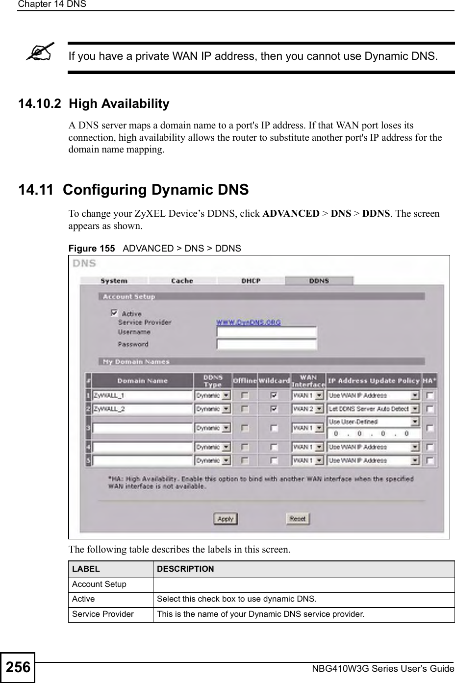 Chapter 14DNSNBG410W3G Series User s Guide256If you have a private WAN IP address, then you cannot use Dynamic DNS.14.10.2  High AvailabilityA DNS server maps a domain name to a port&apos;s IP address. If that WAN port loses its connection, high availability allows the router to substitute another port&apos;s IP address for the domain name mapping.14.11  Configuring Dynamic DNSTo change your ZyXEL Device!s DDNS, click ADVANCED &gt; DNS &gt; DDNS. The screen appears as shown. Figure 155   ADVANCED &gt; DNS &gt; DDNSThe following table describes the labels in this screen.LABEL DESCRIPTIONAccount SetupActiveSelect this check box to use dynamic DNS.Service ProviderThis is the name of your Dynamic DNS service provider.