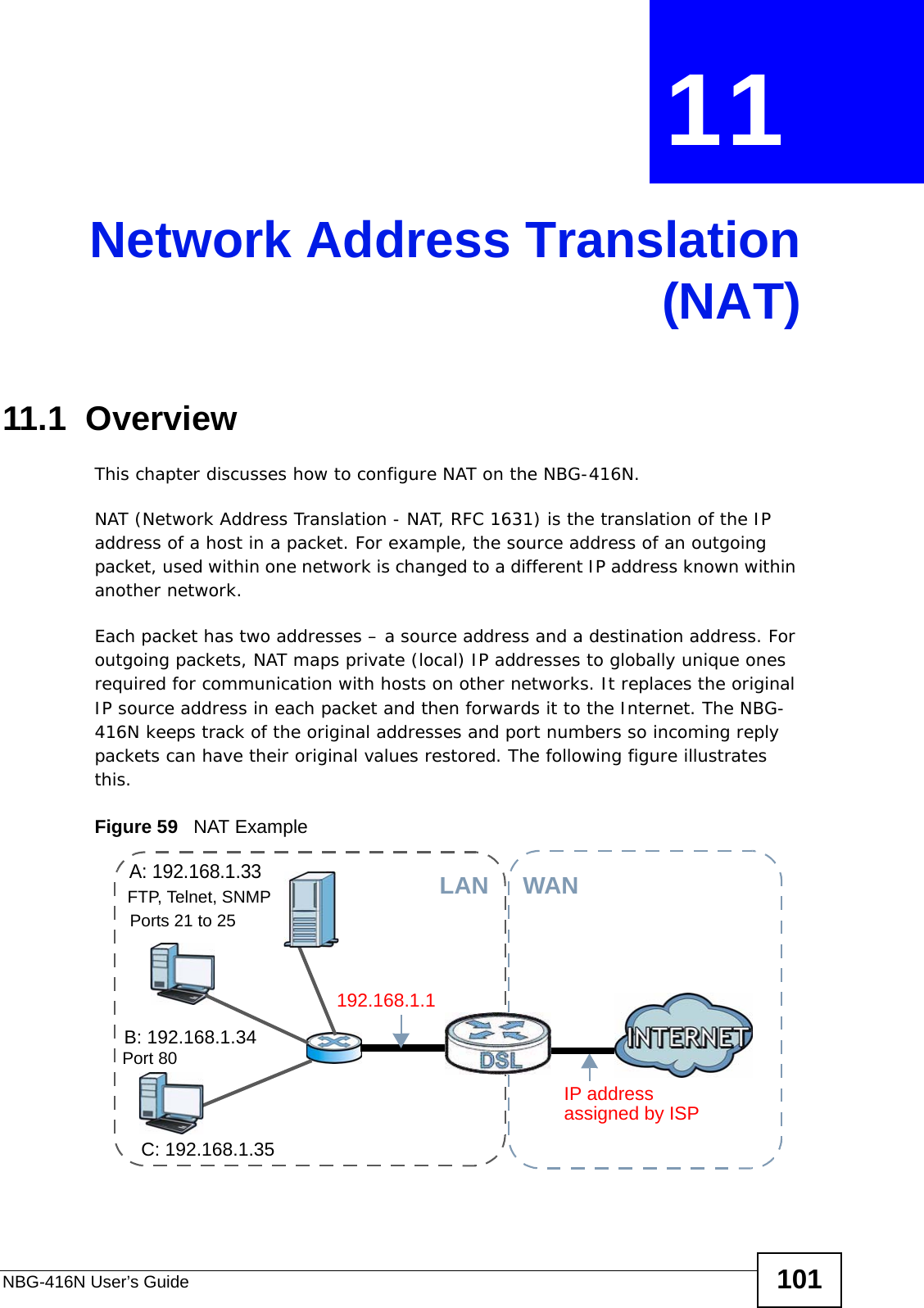 NBG-416N User’s Guide 101CHAPTER  11 Network Address Translation(NAT)11.1  Overview   This chapter discusses how to configure NAT on the NBG-416N.NAT (Network Address Translation - NAT, RFC 1631) is the translation of the IP address of a host in a packet. For example, the source address of an outgoing packet, used within one network is changed to a different IP address known within another network.Each packet has two addresses – a source address and a destination address. For outgoing packets, NAT maps private (local) IP addresses to globally unique ones required for communication with hosts on other networks. It replaces the original IP source address in each packet and then forwards it to the Internet. The NBG-416N keeps track of the original addresses and port numbers so incoming reply packets can have their original values restored. The following figure illustrates this.Figure 59   NAT ExampleA: 192.168.1.33B: 192.168.1.34C: 192.168.1.35IP address 192.168.1.1WANLANassigned by ISPFTP, Telnet, SNMPPort 80Ports 21 to 25