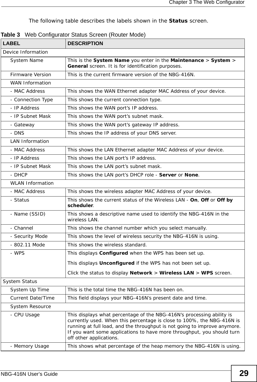  Chapter 3 The Web ConfiguratorNBG-416N User’s Guide 29The following table describes the labels shown in the Status screen.Table 3   Web Configurator Status Screen (Router Mode)  LABEL DESCRIPTIONDevice InformationSystem Name This is the System Name you enter in the Maintenance &gt; System &gt; General screen. It is for identification purposes.Firmware Version This is the current firmware version of the NBG-416N. WAN Information- MAC Address This shows the WAN Ethernet adapter MAC Address of your device.- Connection Type This shows the current connection type.- IP Address This shows the WAN port’s IP address.- IP Subnet Mask This shows the WAN port’s subnet mask.- Gateway This shows the WAN port’s gateway IP address.- DNS This shows the IP address of your DNS server.LAN Information- MAC Address This shows the LAN Ethernet adapter MAC Address of your device.- IP Address This shows the LAN port’s IP address.- IP Subnet Mask This shows the LAN port’s subnet mask.- DHCP This shows the LAN port’s DHCP role - Server or None.WLAN Information- MAC Address This shows the wireless adapter MAC Address of your device.- Status This shows the current status of the Wireless LAN - On, Off or Off by scheduler.- Name (SSID) This shows a descriptive name used to identify the NBG-416N in the wireless LAN. - Channel This shows the channel number which you select manually.- Security Mode This shows the level of wireless security the NBG-416N is using.- 802.11 Mode This shows the wireless standard.- WPS This displays Configured when the WPS has been set up. This displays Unconfigured if the WPS has not been set up.Click the status to display Network &gt; Wireless LAN &gt; WPS screen.System StatusSystem Up Time This is the total time the NBG-416N has been on.Current Date/Time This field displays your NBG-416N’s present date and time.System Resource- CPU Usage This displays what percentage of the NBG-416N’s processing ability is currently used. When this percentage is close to 100%, the NBG-416N is running at full load, and the throughput is not going to improve anymore. If you want some applications to have more throughput, you should turn off other applications.- Memory Usage This shows what percentage of the heap memory the NBG-416N is using. 