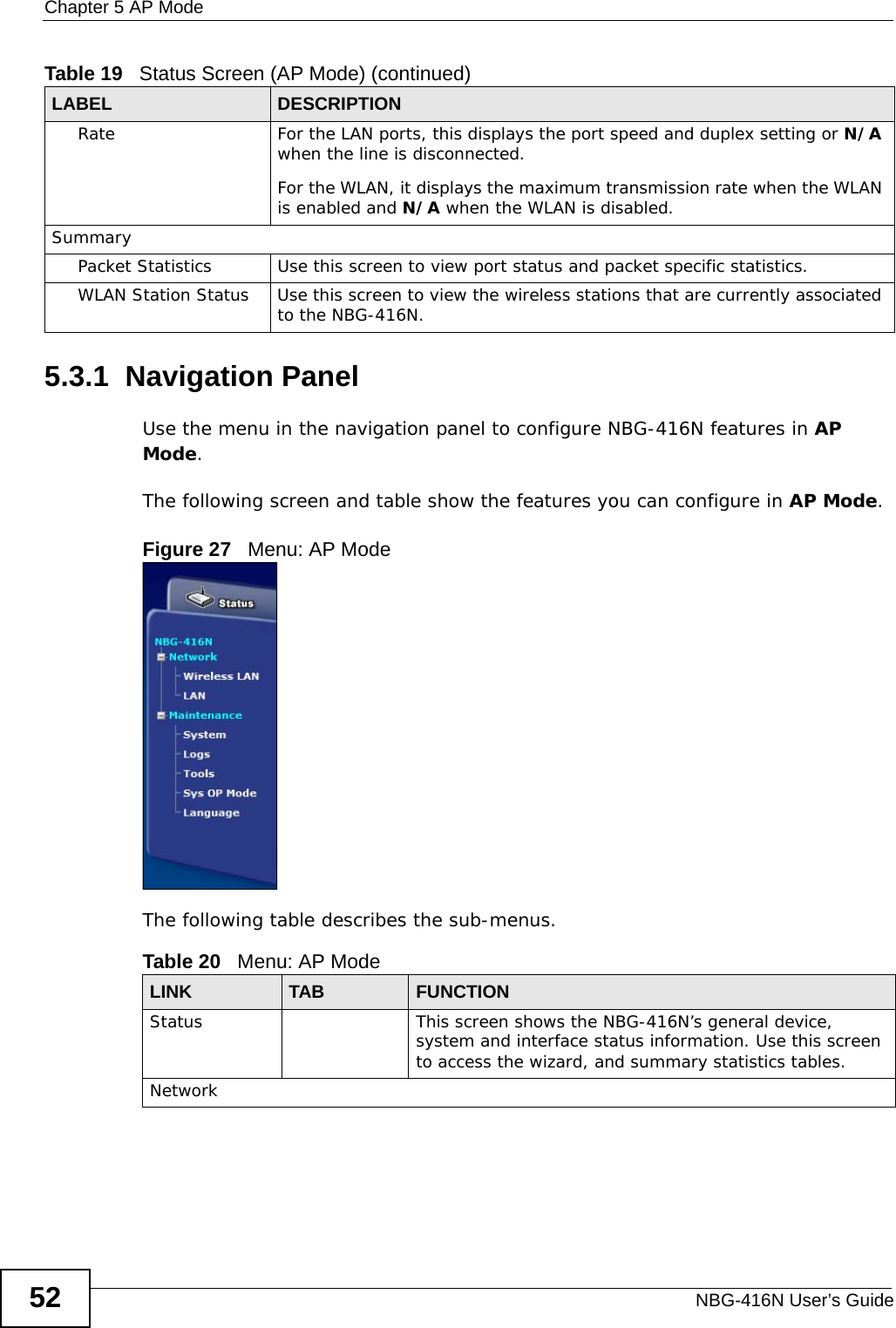 Chapter 5 AP ModeNBG-416N User’s Guide525.3.1  Navigation PanelUse the menu in the navigation panel to configure NBG-416N features in AP Mode.The following screen and table show the features you can configure in AP Mode.Figure 27   Menu: AP ModeThe following table describes the sub-menus.Rate For the LAN ports, this displays the port speed and duplex setting or N/A when the line is disconnected.For the WLAN, it displays the maximum transmission rate when the WLAN is enabled and N/A when the WLAN is disabled.SummaryPacket Statistics Use this screen to view port status and packet specific statistics.WLAN Station Status Use this screen to view the wireless stations that are currently associated to the NBG-416N.Table 19   Status Screen (AP Mode) (continued)LABEL DESCRIPTIONTable 20   Menu: AP ModeLINK TAB FUNCTIONStatus This screen shows the NBG-416N’s general device, system and interface status information. Use this screen to access the wizard, and summary statistics tables.Network
