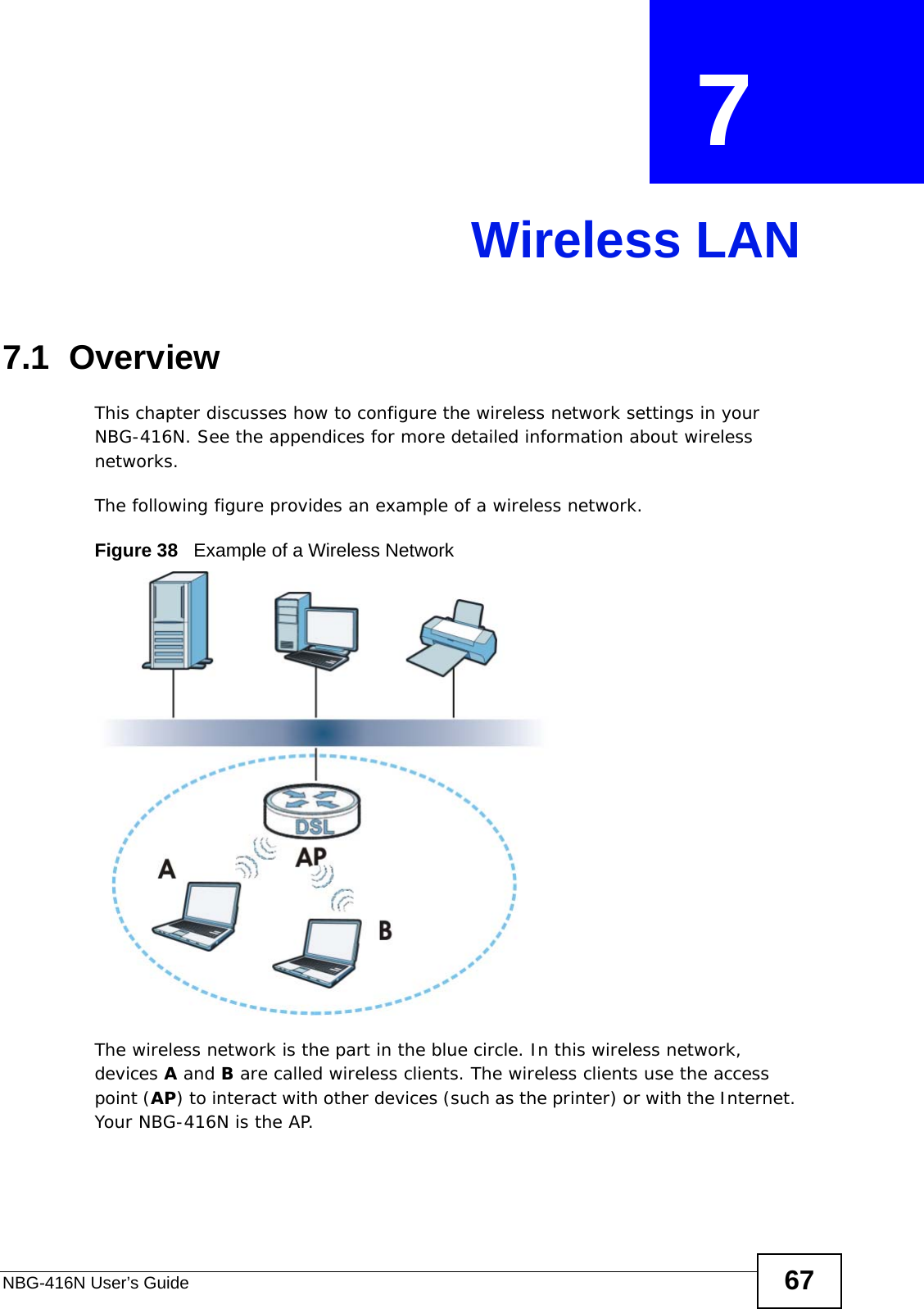 NBG-416N User’s Guide 67CHAPTER  7 Wireless LAN7.1  OverviewThis chapter discusses how to configure the wireless network settings in your NBG-416N. See the appendices for more detailed information about wireless networks.The following figure provides an example of a wireless network.Figure 38   Example of a Wireless NetworkThe wireless network is the part in the blue circle. In this wireless network, devices A and B are called wireless clients. The wireless clients use the access point (AP) to interact with other devices (such as the printer) or with the Internet. Your NBG-416N is the AP.